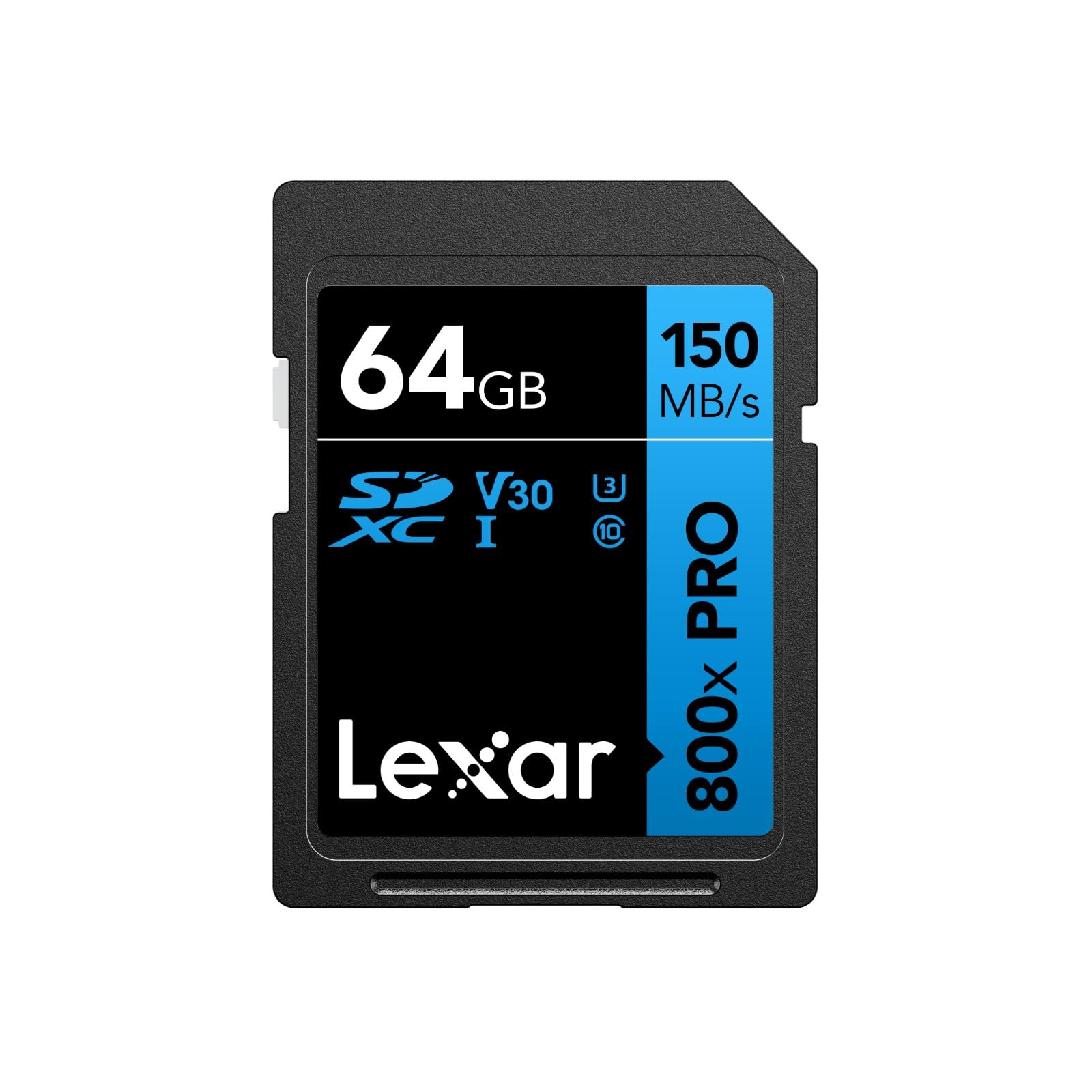 کارت حافظه Lexar High-Performance 800x PRO SD 64GB، کارت SDXC UHS-I، کارت SD 3.0 تا 150MB/s خواندن، V30، U3، C10 کارت حافظه SD برای دوربین نقطه‌و-شوت/دوربین‌های میانه DSLR/کمکوردر HD (LSD0800P064G-BNNAA) 800x PRO 64GB