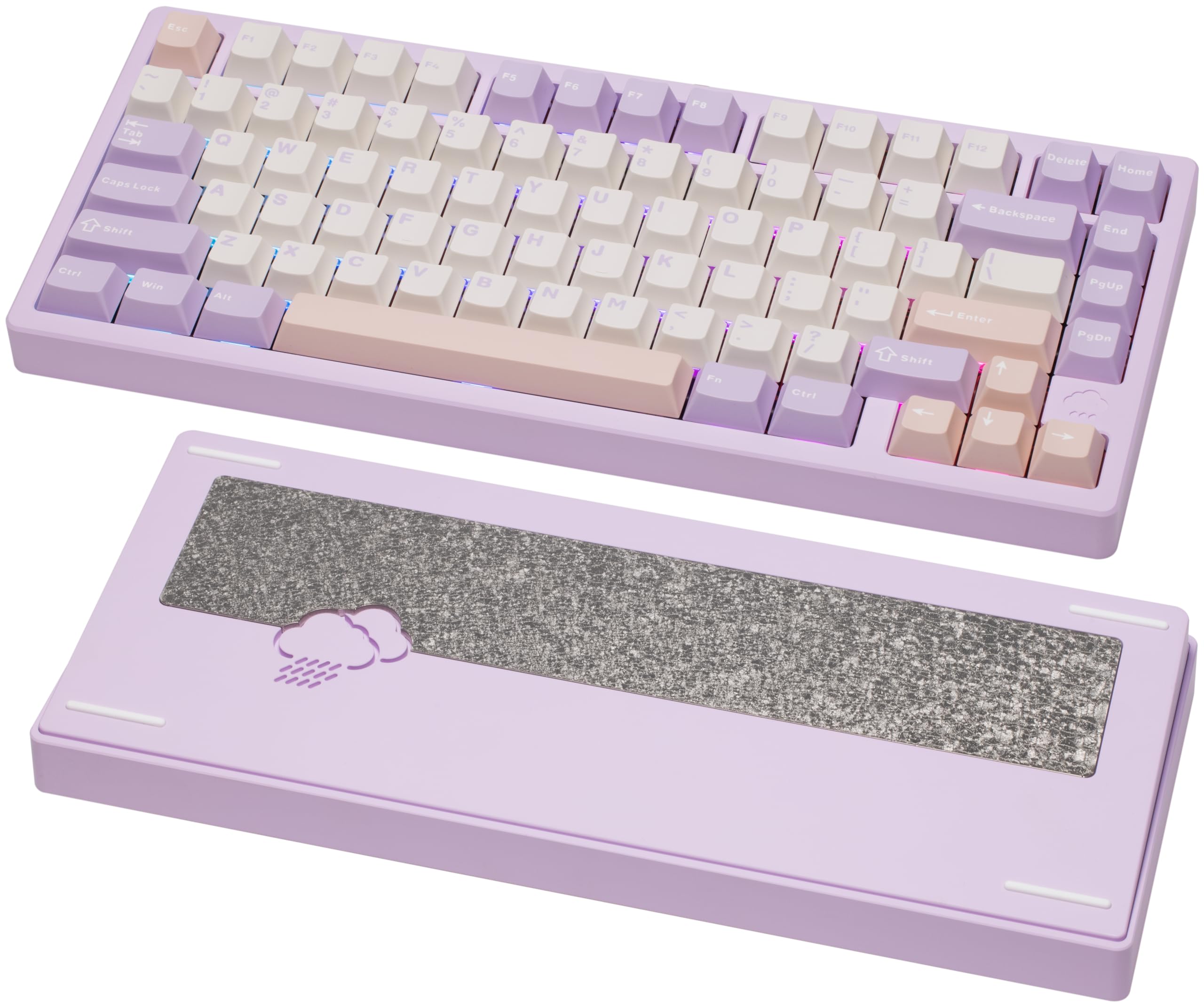 صفحه کلید مکانیکی KEEBMONKEY WOBKEY Rainy 75 CNC آلومینیوم HMX/JWK/Cocoa سوئیچ های اتصال سه حالته با صدای برتر، RGB/FR4/نقره ای SUS304/7000mAh/Cocoa Switch (Pro - بنفش)