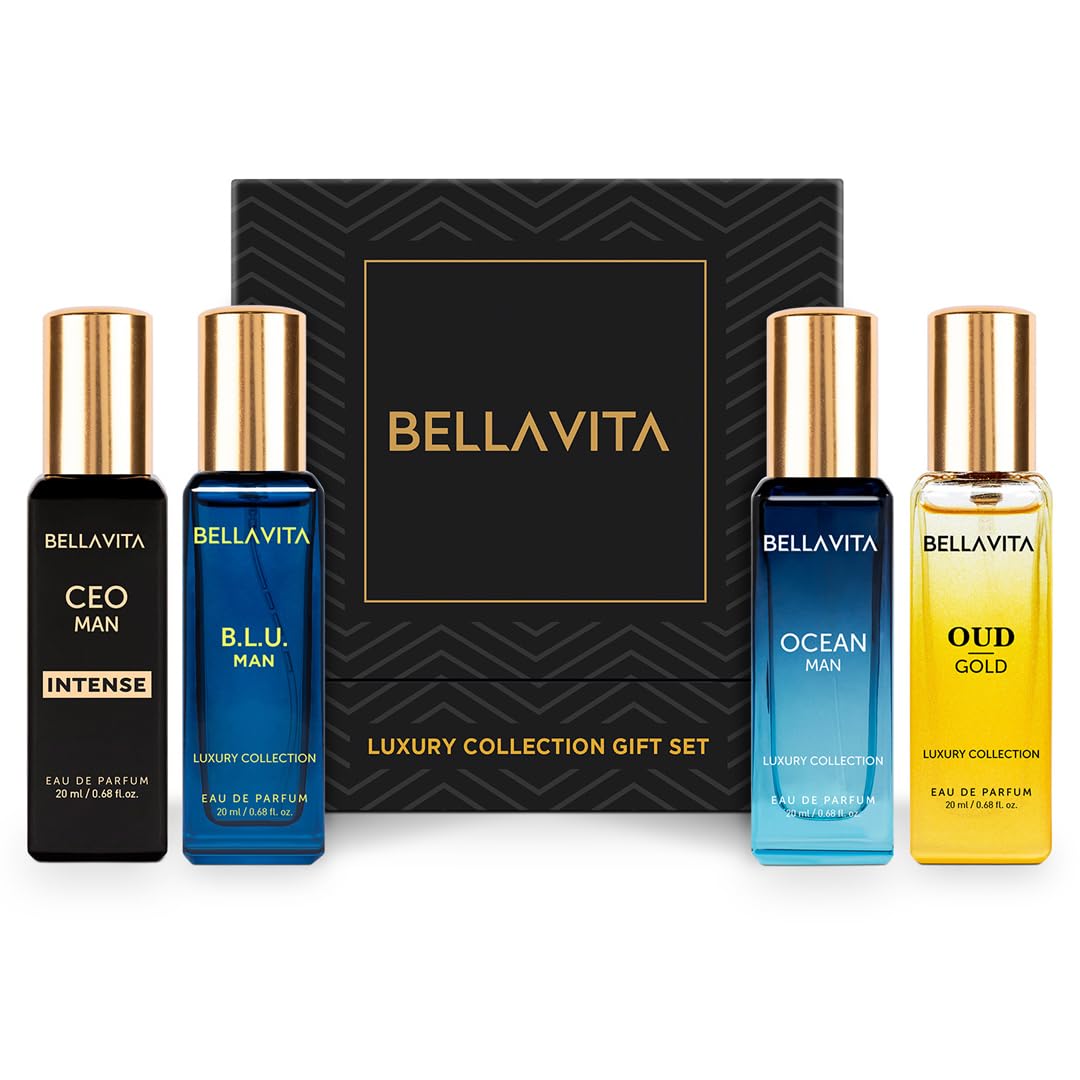 مجموعه هدیه ادکلن لوکس BellaVita برای مردان | شامل OUD Gold، اقیانوس، B.L.U و ادکلن CEO Man | عطر کولونی ماندگار | عطر اود برای مردان | مجموعه ای از ادکلن های با کیفیت - 4 x 20 میلی لیتر