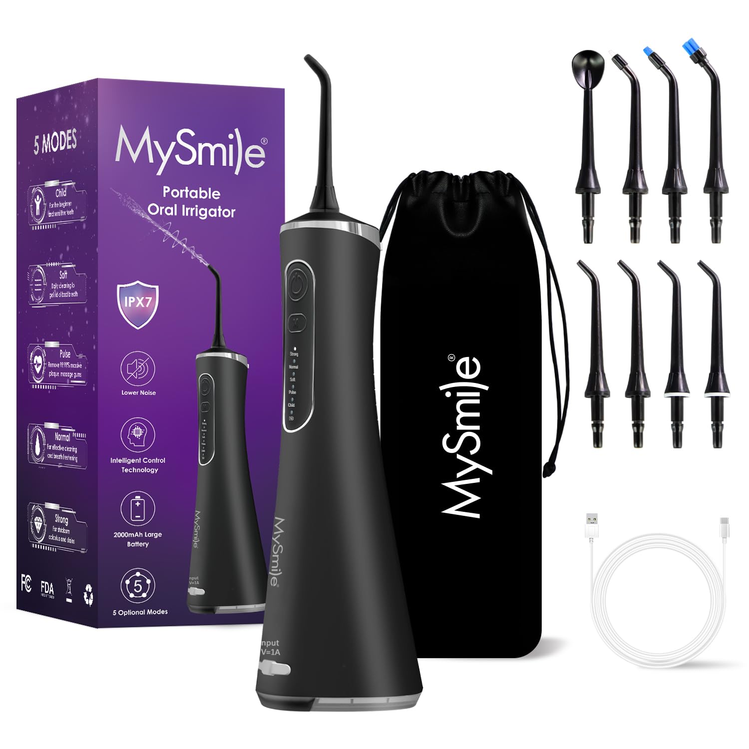 فلوس سیلنت LP211 بی‌سیم MySmile برای دندان‌ها 5 حالت تمیزکننده فشاراب دندان قابل شارژ 8 نوک جت جایگزین ضدآب IPX 7 ایریگادور دندانی با کیس مخصوص مسافرت (مشکی)