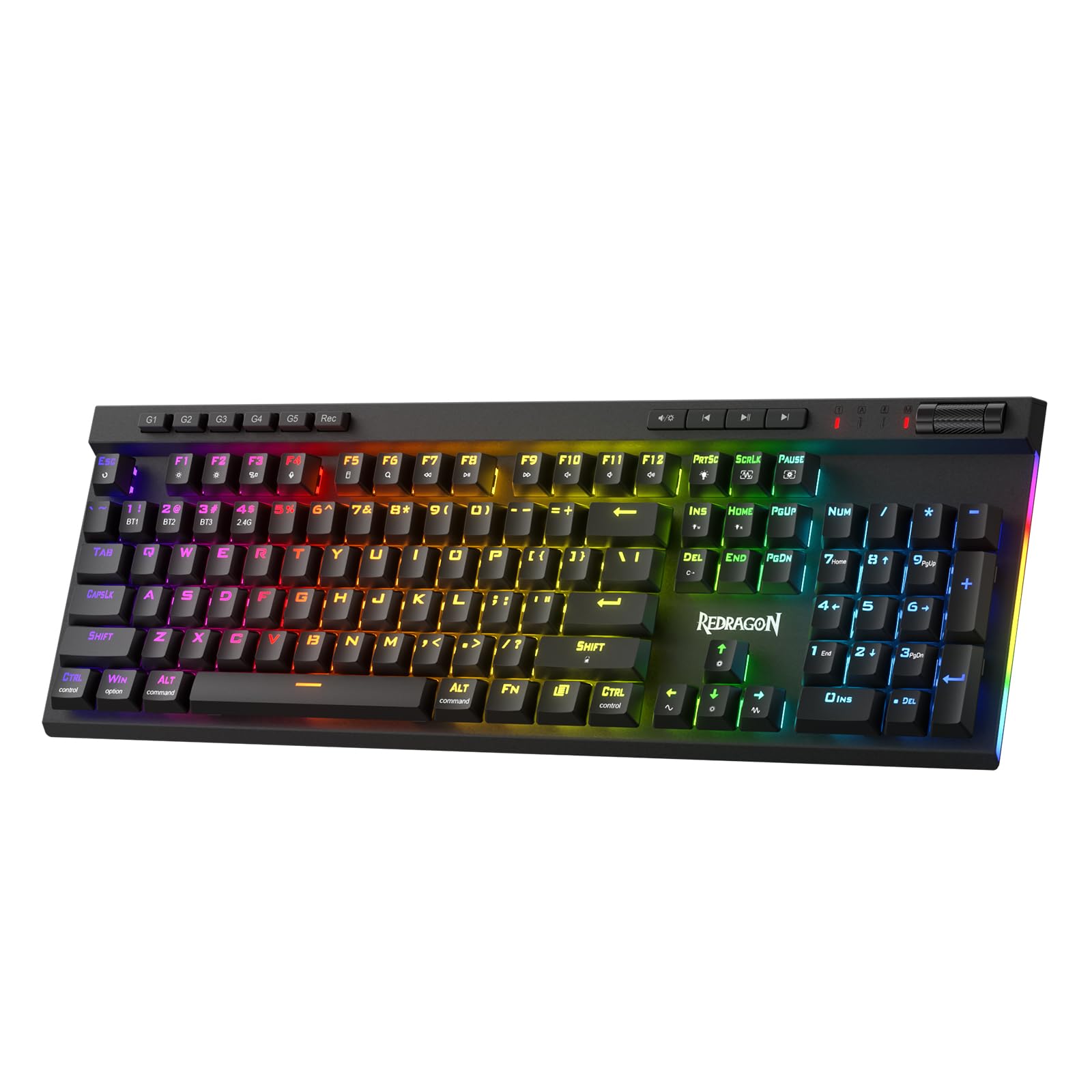 صفحه کلید بازی Redragon K580 PRO Wireless RGB، صفحه کلید مکانیکی با ۳ حالت و ۱۰۴ کلید، سوکت Hot-Swap، کنترل رسانه‌های اختصاصی و ضبط ماکرو درون‌خطی، سوئیچ قرمز خطی