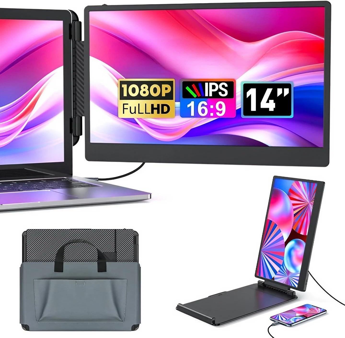افزایش‌دهنده نمایشگر دوتایی لپتاپ O9 - صفحه نمایش قابل حمل 14 اینچی 1080P FHD IPS، بدون نیاز به درایور، درج و پخش برای لپتاپ‌های 13.3-17 اینچی، سازگار با مک بوک ویندوز لینوکس