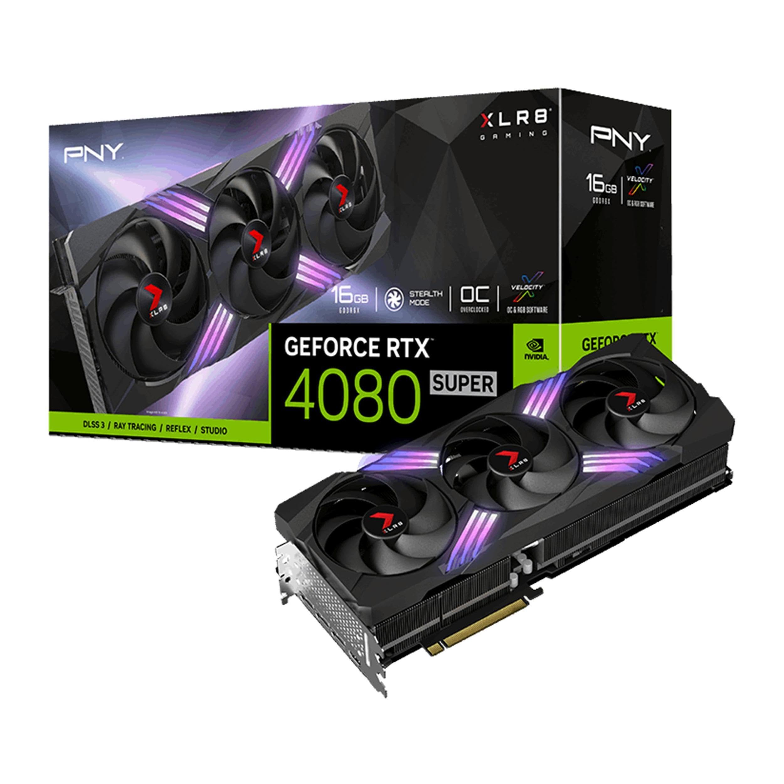 PNY گرافیک GeForce™ RTX 4080 SUPER™ 16GB XLR8 Gaming VERTO™ EPIC-X RGB™ با فن‌های سه گردان Overclocked، DLSS 3، RTX 4080 SUPER OC ARGB سیاه
