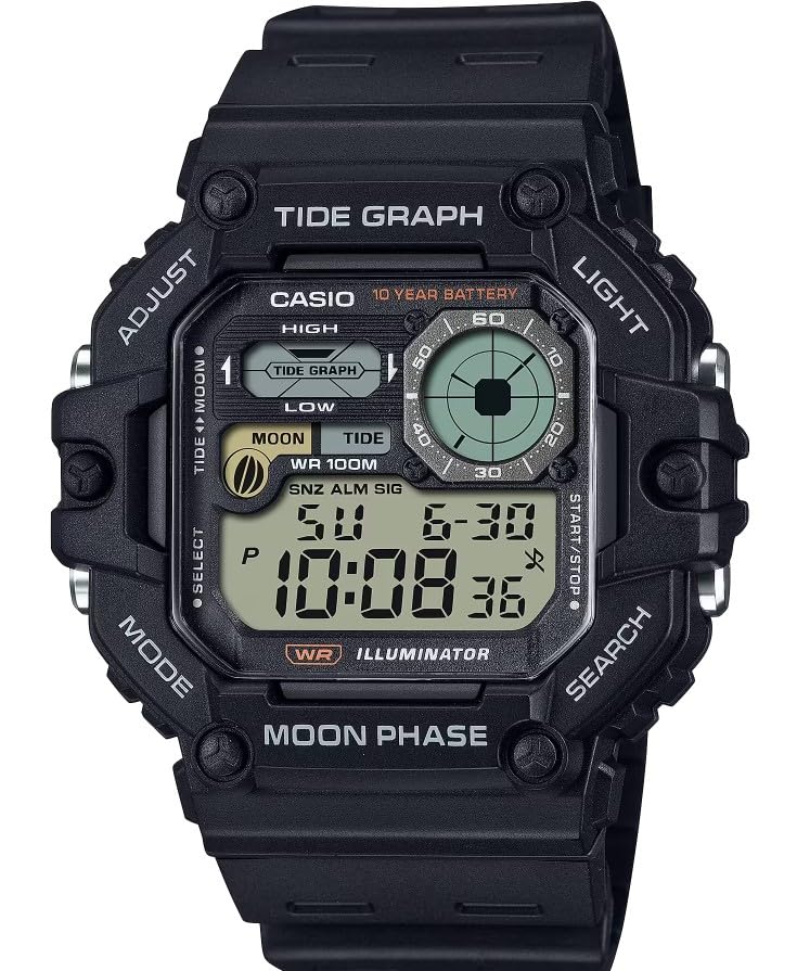 ساعت دیجیتال Casio Illuminator Tide Graph Moon Phase با باتری ۱۰ ساله مدرن در رنگ مشکی