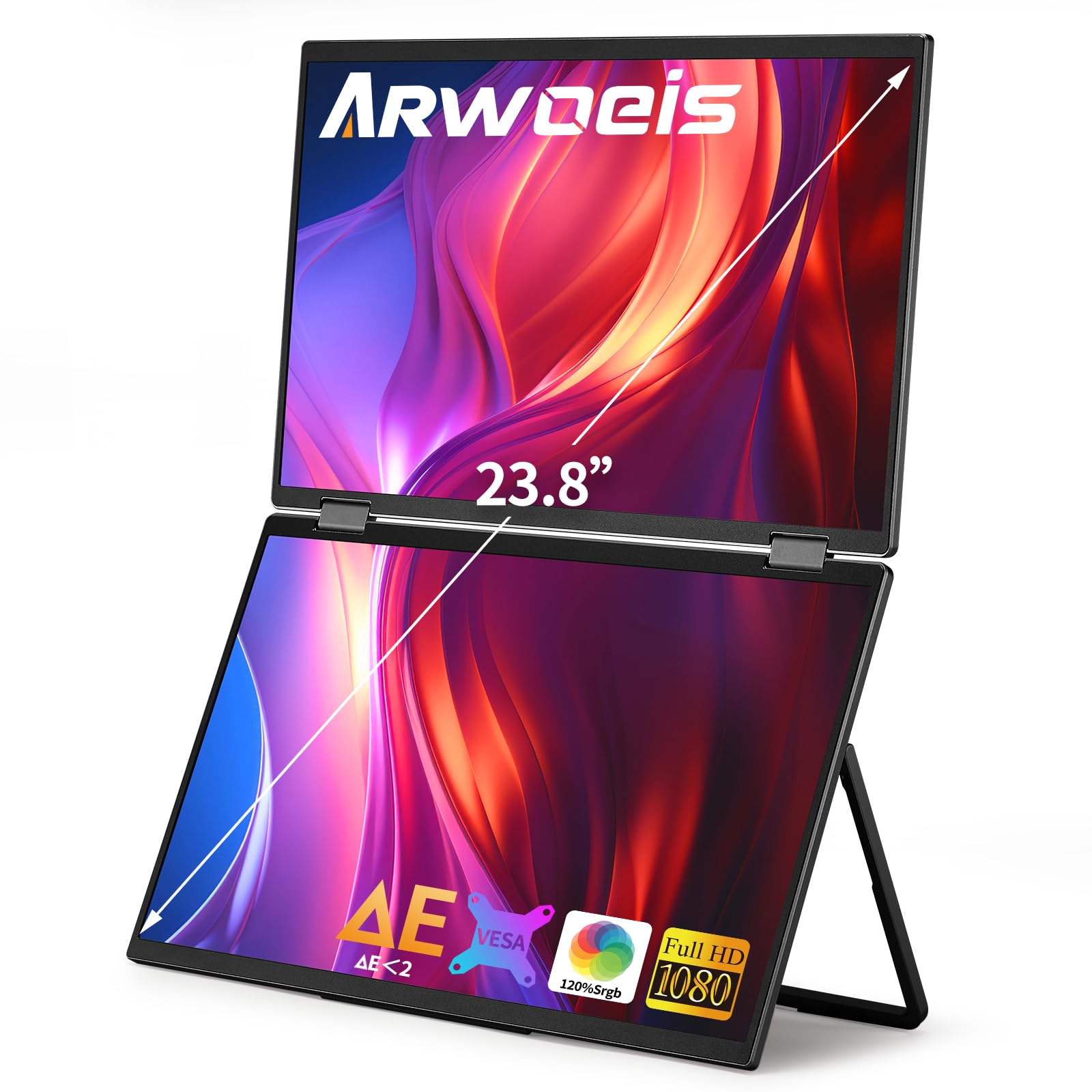 صفحه نمایش قابل حمل دوگانه ARWOEIS 15.6 اینچ، 1080p، 120٪ srgb، افزایش دهنده صفحه نمایش لپ تاپ، سه صفحه نمایش در حالت پشته‌ای و قابل تاشه (برای ویندوز/مک)، چرخش خودکار 90°/180°/360°، مدل HSD156P1