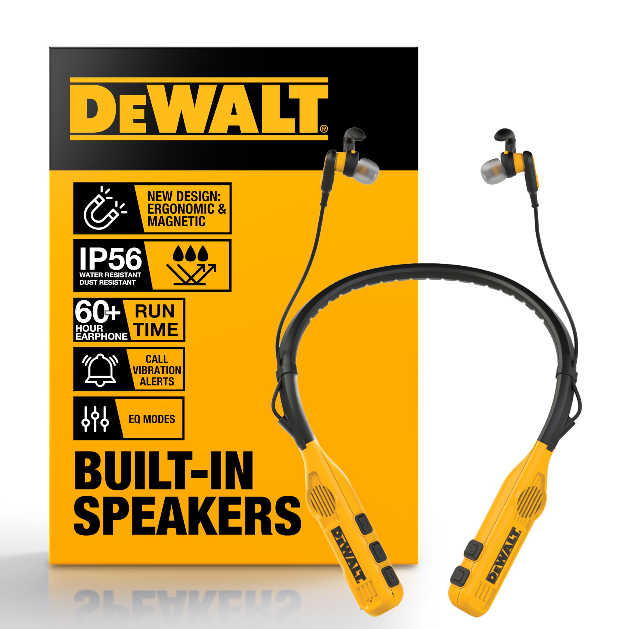 هدفون بلوتوث گردنی 2 در 1 DEWALT با بلندگوهای داخلی، بلندگوی قابل استفاده در محل کار و هدفون گردن، هدست بلوتوث بی‌سیم، بیش از 60 ساعت عمر باطری، پخش موزیک و تماس‌های بدون دست، کیف حمل همراه با گردنبند و بلندگو
