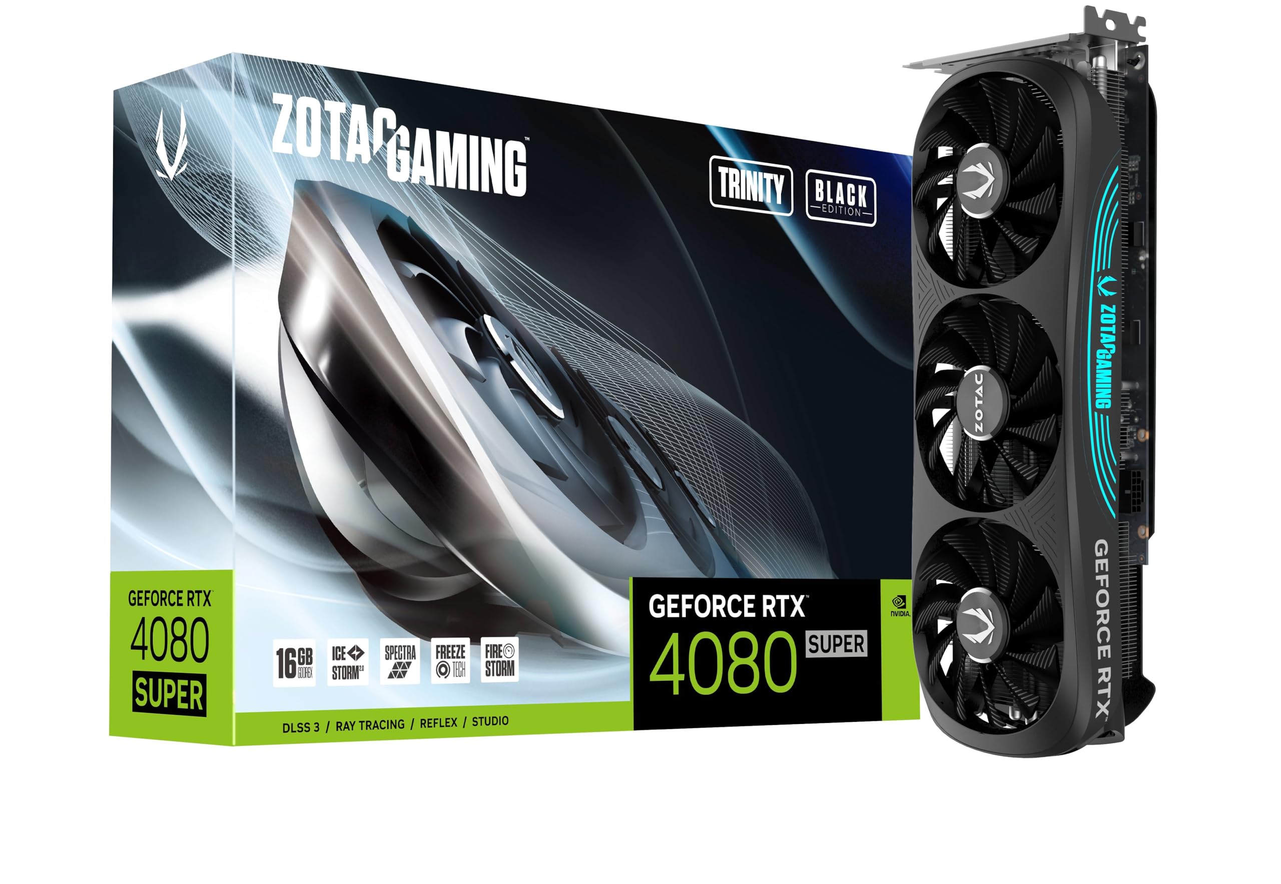 کارت گرافیک بازی ZOTAC Gaming GeForce RTX 4080 Super Trinity Black Edition DLSS 3 با حافظه 16 گیگابایت GDDR6X و رابط 256 بیتی و سرعت انتقال 23 گیگابیت بر ثانیه، پشتیبانی از PCIE 4.0، سیستم خنک کننده IceStorm 2.0 با پیشرفته، نورپردازی RGB Spectra و شماره مدل ZT-D40820D-10P