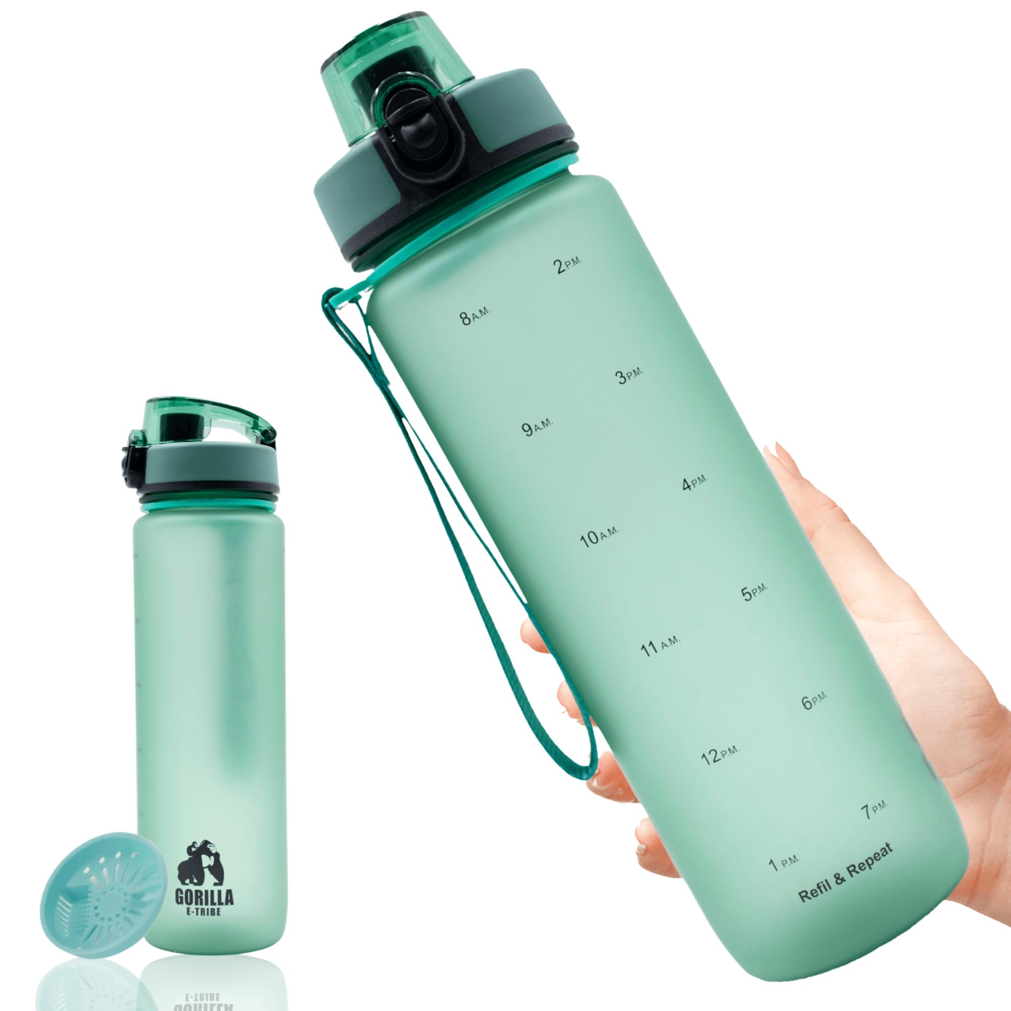 بطری آب ورزشی Gorilla E-Tribe با گنجایش 1 لیتر با نشانگر زمان - بطری آب با انگیزش ضد BPA و ضد نشت - صافی مواد خوراکی - بطری دفتر، مدرسه و ورزشگاه سبز