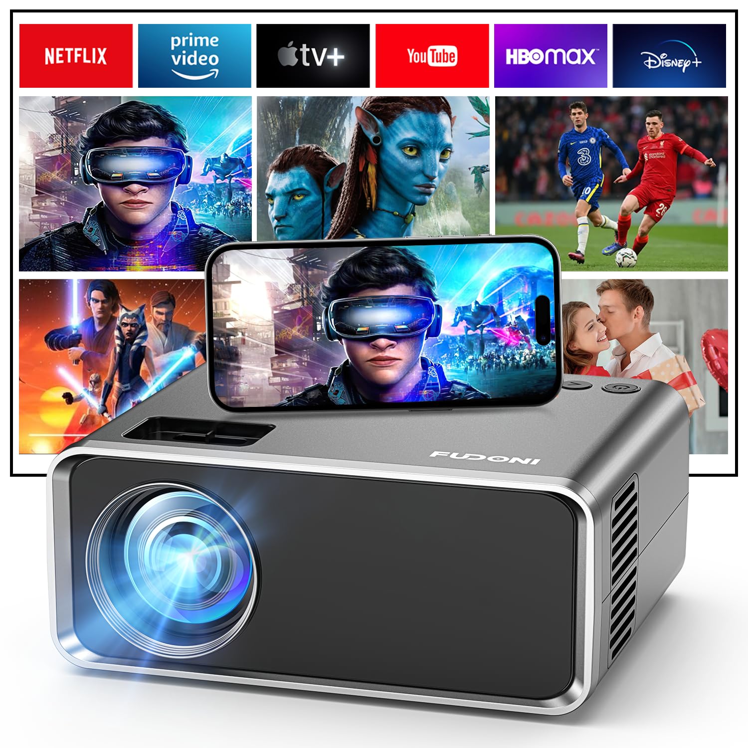 پروژکتور FUDONI با وای فای و بلوتوث، پروژکتور قابل حمل 5G ارتقاء یافته با پشتیبانی از 4K Native 1080P 12000L، پروژکتور فیلم LED خارجی برای تئاتر منزل، سازگار با تلفن/تلویزیون چوبی/لپ تاپ iOS اندروید