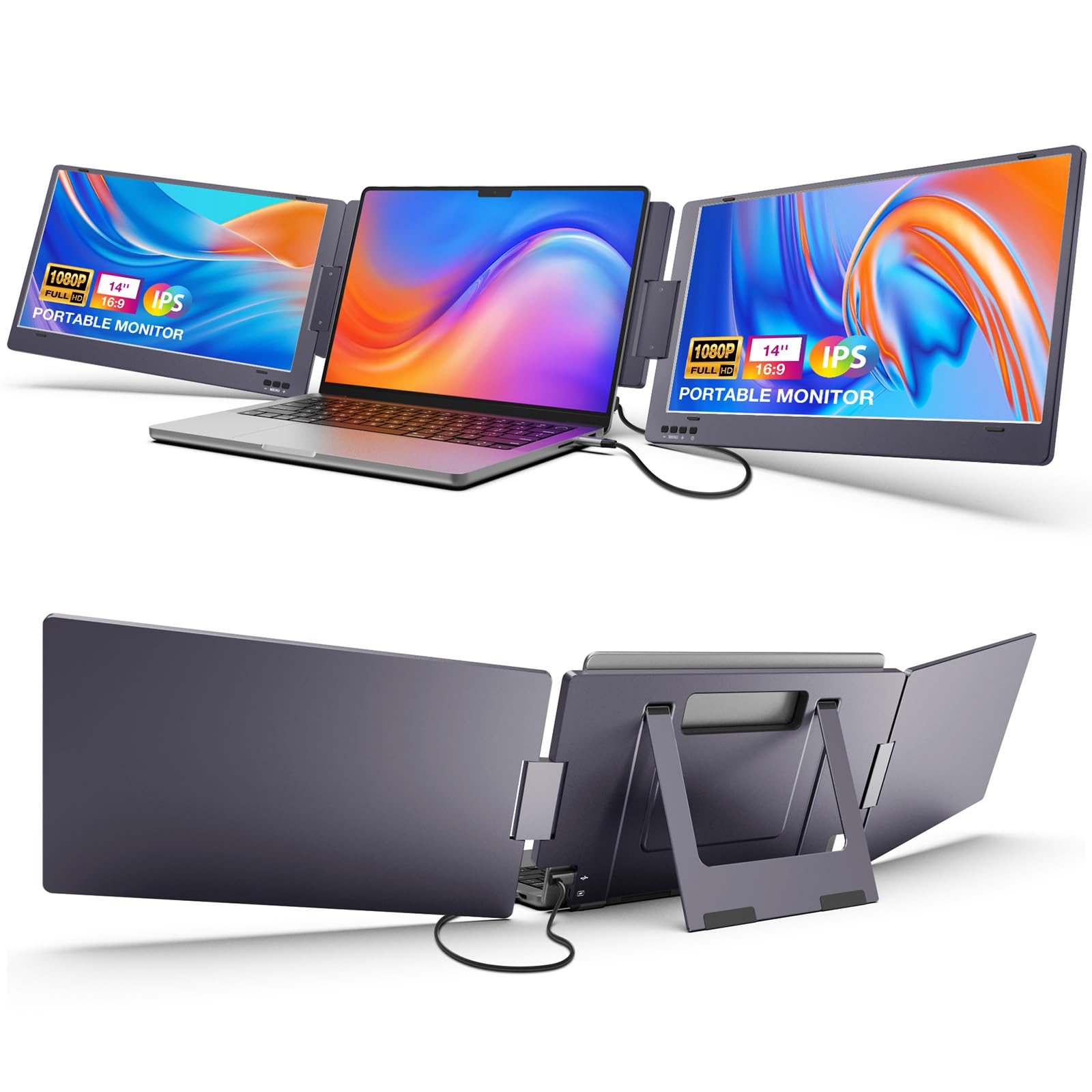 KYY Triple Laptop Monitor Extender, 14" 1080P FHD IPS دو قابل حمل صفحه خارجی, یک کابل USB C مسافرت برای لپ تاپ 12-16 اینچی, چرخش 210 درجه و پایه نگهدارنده, (سه‌رنگ فضایی)