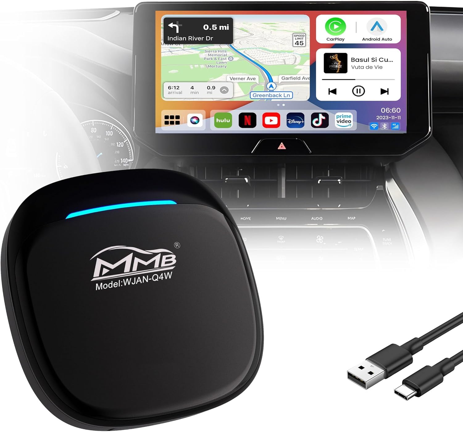 آداپتور بی‌سیم MMB CarPlay، آخرین نسخه از CarPlay بی‌سیم اندروید 13.0 و آداپتور اندروید برای خودرو، 8 هسته‌ای 8+128 گیگابایت، جعبه ویدیویی خودرویی با خروجی HDMI و اتصال SIM به صورت تک‌تک برای جعبه CarPlay Q4WHD 8+128