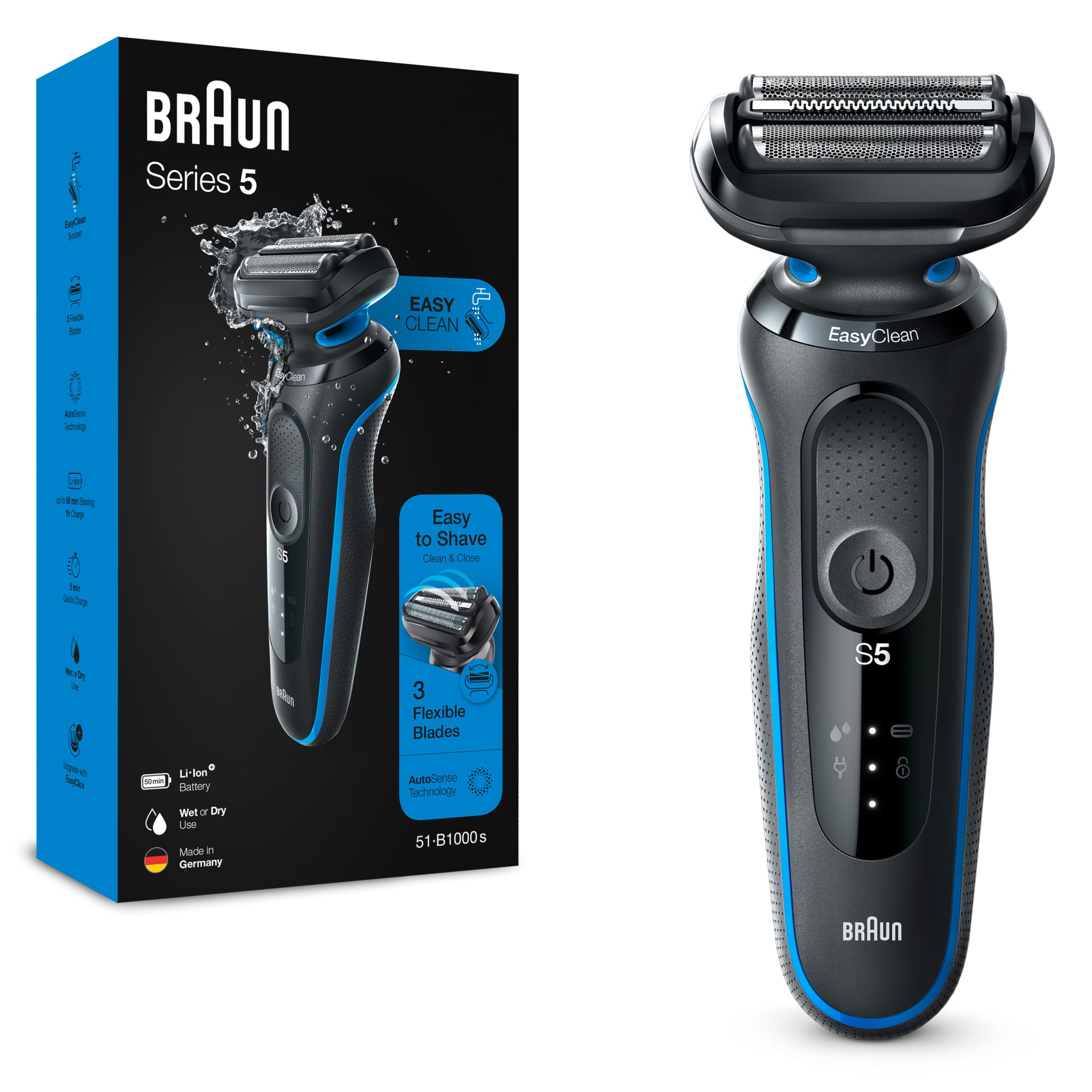 براون سری 5 51-B1000s شیور الکتریک، تر و خشک، قابل شارژ، بی‌سیم، شیور فویل، شیور آبی 51-B1000s