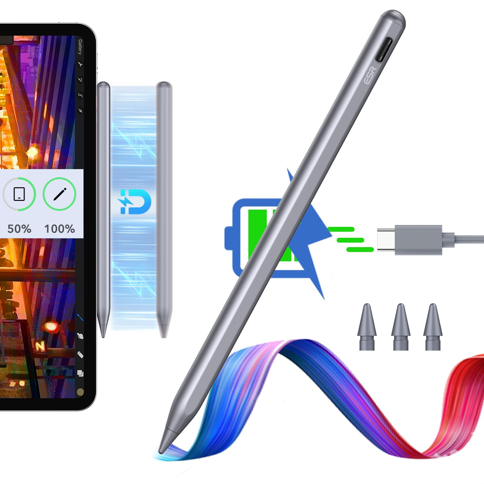 شارژ بی‌سیم مغناطیسی ESR Magnetic Wireless Charging EZUK Pencil، قلم نوشتن نسل دوم برای EZUK، Digital Pencil Pro با حساسیت تل و عدم قبول شکست دست برای EZUK Pro 12.9/11، EZUK Air 5/4 و EZUK Mini 6، نقره‌ای
