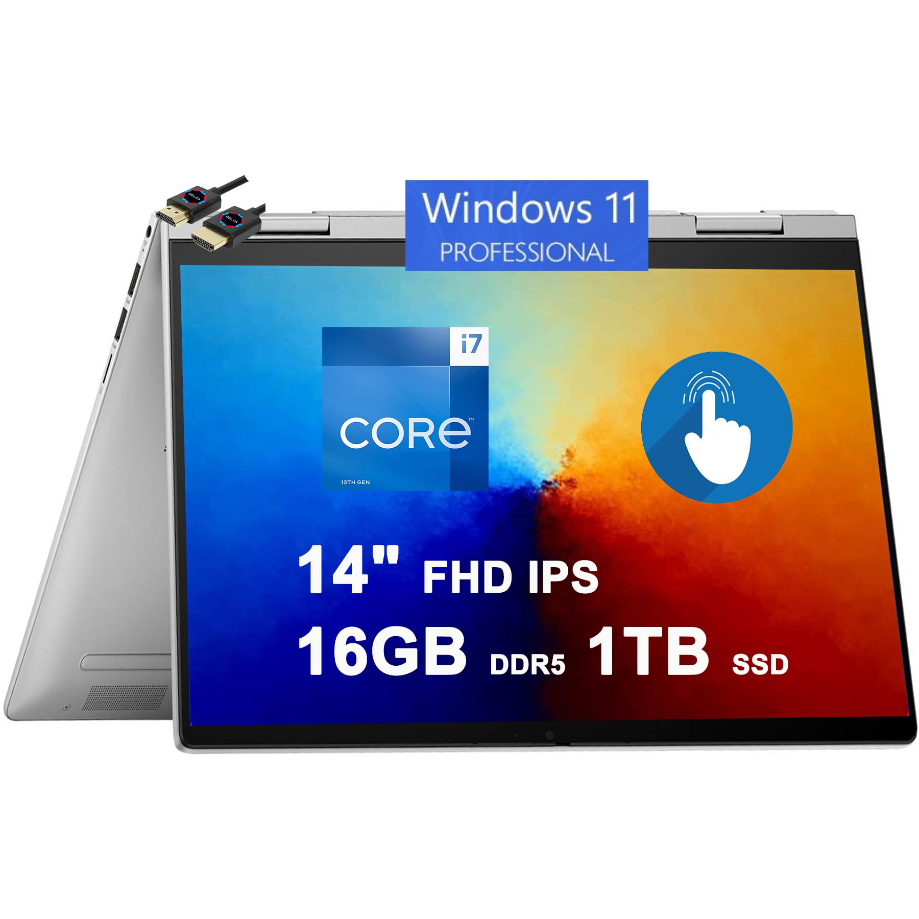 لپ تاپ 2 در 1 اچ‌پی انوی X360 | صفحه نمایش 14 اینچی FHD IPS با قابلیت چند لمس | پردازنده Intel 10 هسته‌ای نسل 13 i7-1355U | 16 گیگابایت DDR5 1 ترابایت حافظه جانبی از نوع اس‌اس‌دی | صفحه کلید دارای نور پسزمینه، حسگر اثر انگشت، درگاه یو‌اس‌بی-سی، B&amp;O، شارژ سریع، ویندوز ۱۱ پرو، رنگ نقره‌ای + کابل اچ‌دی‌ام‌آی (ارتقاء یافته)