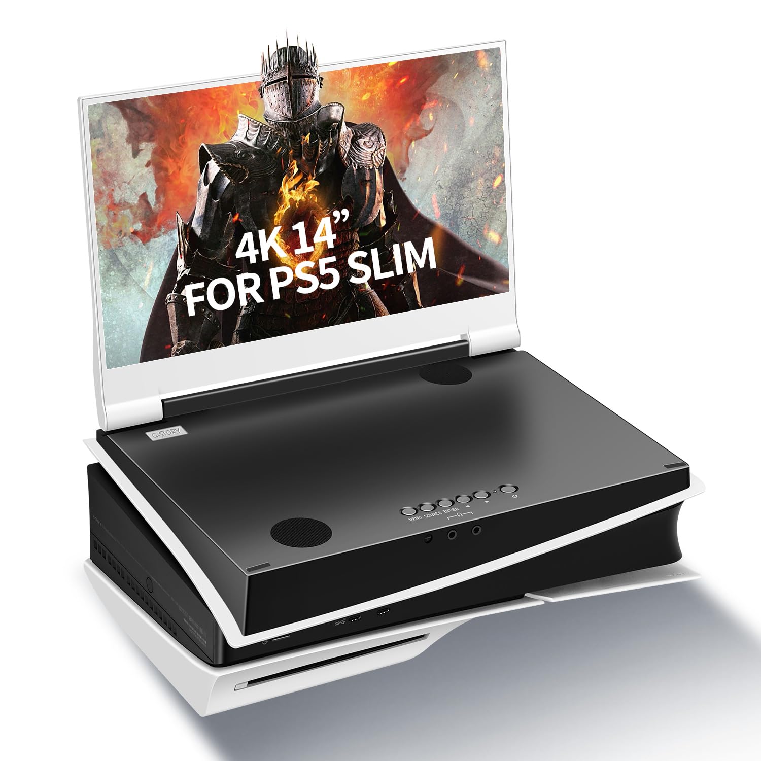 مانیتور قابل حمل G-STORY 14 اینچ IPS 4k 60Hz با قابلیت نمایش بازی مجهز به PS5 Slim (در این مجموعه موجود نیست) با رزولوشن 3840×2160 و دو پورت HDMI، فری‌سینک، دارای دو بلندگوی استریو چندرسانه‌ای به صورت یکپارچه
