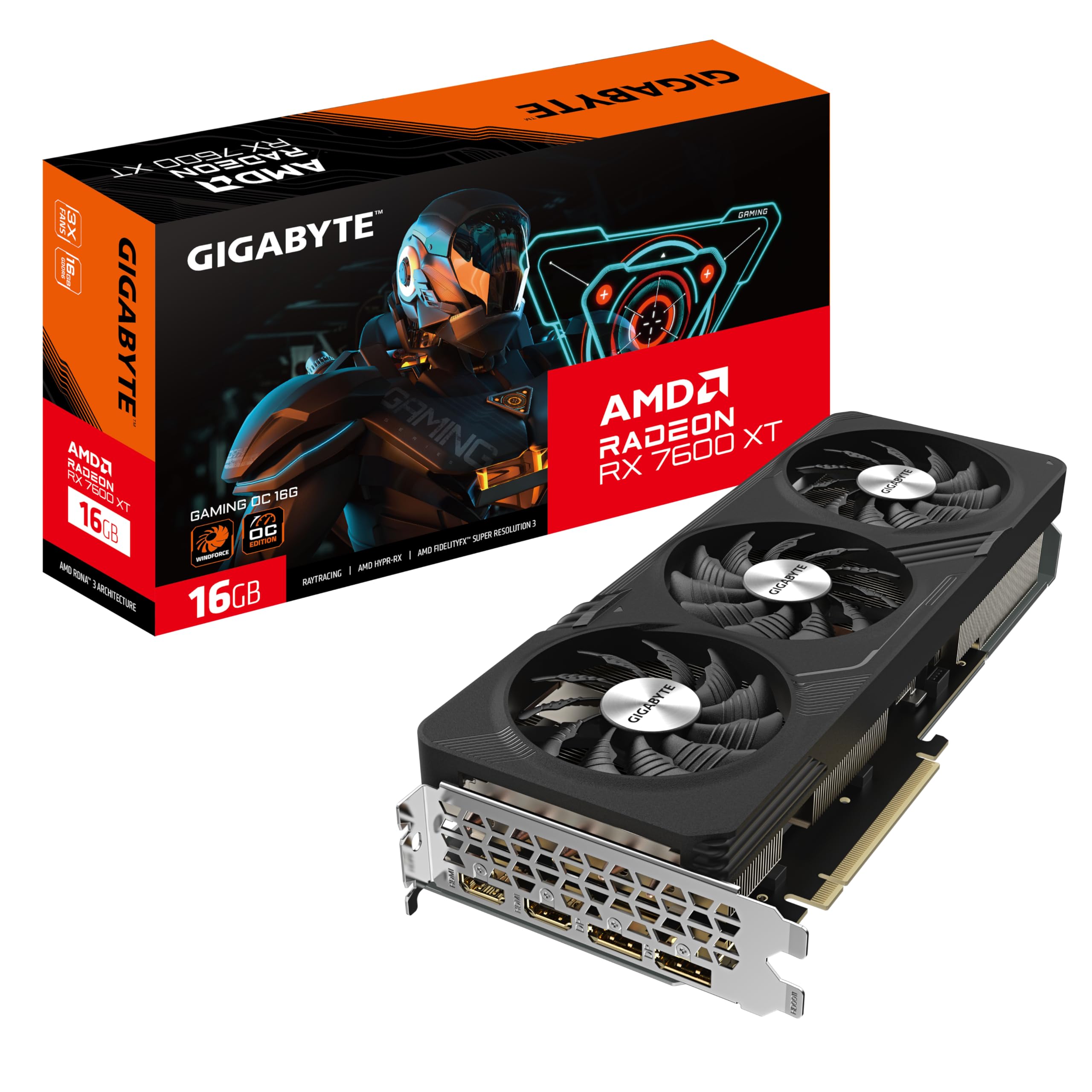کارت گرافیک Gigabyte Radeon RX 7600 XT GAMING OC 16GB - رابط PCI-E 4.0، معماری RDNA، اتصال 2x DP 1.4، 2x HDMI 2.1a، هسته 2810 مگاهرتز، حافظه 16GB GDDR6 با سرعت 18000MHz و رابط 128 بیتی، نورپردازی RGB fusion، مدل GV-R76XTGAMING OC-16GD