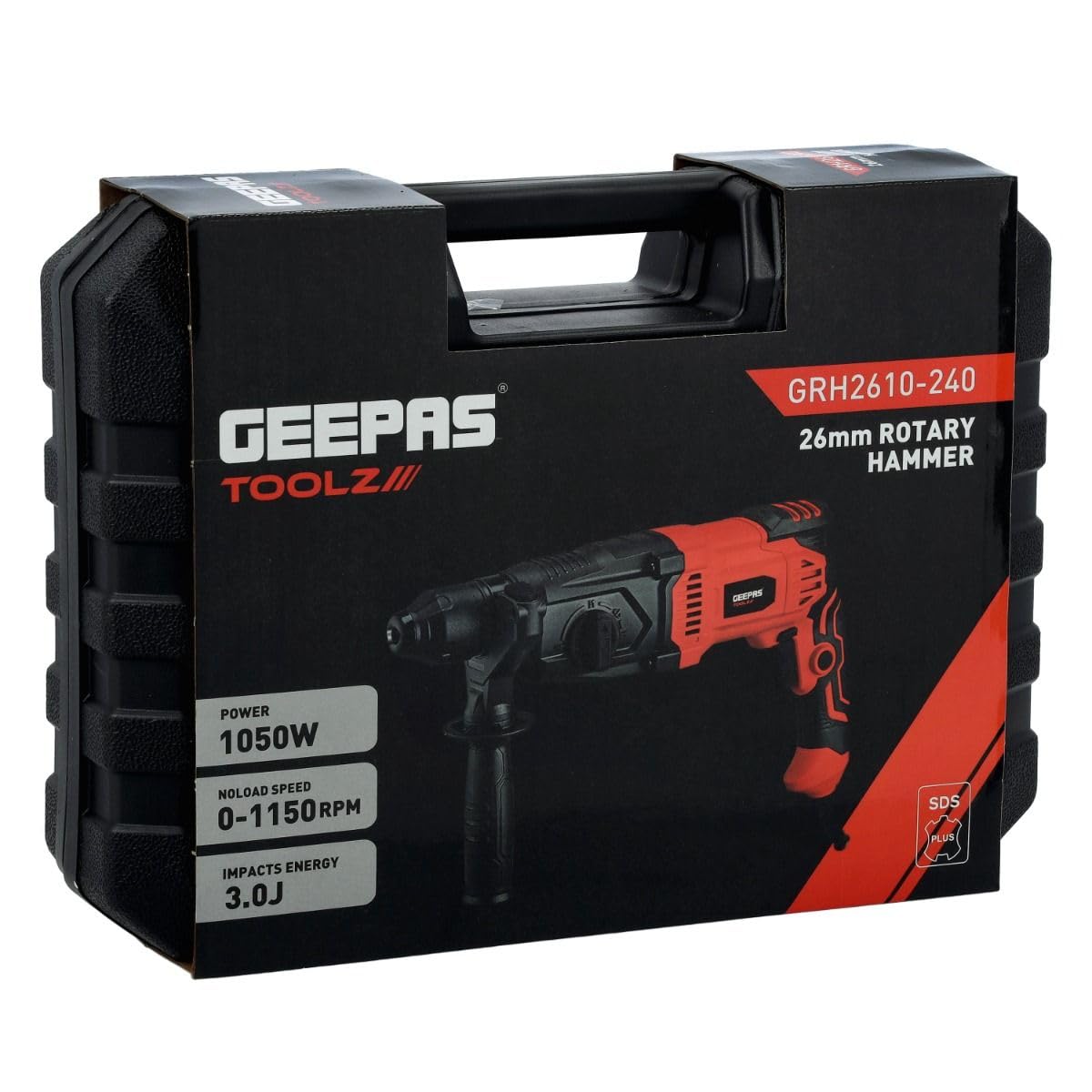 چکش دوار 26 میلی‌متر Geepas، همراه با SDS Plus، مدل GRH2610-240 | 4 عملکرد و دسته نرم قابل تنظیم | اسپیه و چسبیده یکنواخت | دستگاه حفاری چکشی سنگین