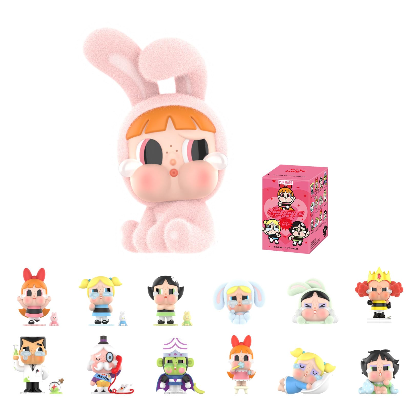 سری فیگورهای POP MART CRYBABY x Powerpuff Girls، فیگورهای جعبه کور CRYBABY، اشکال تصادفی انواع فیگورهای اکشن، اسباب بازی های قابل جمع آوری تزیینات خانه، هدایاهای تولد و تعطیلات برای دختران و پسران، جعبه تکی کرایبی X Powerpuff Girls سری تکی جعبه تکیان