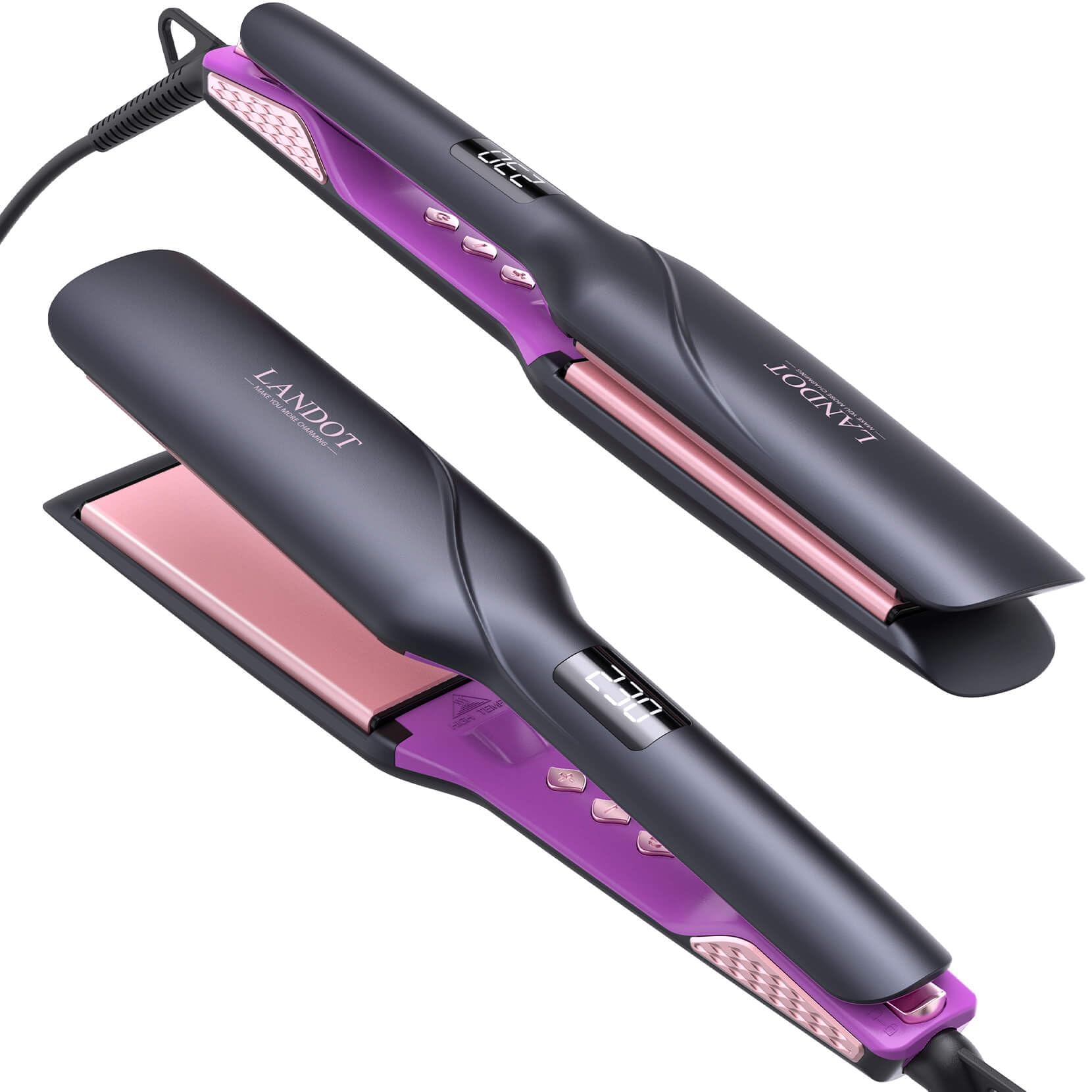 LANDOT Wide Flat Iron برای سرامیک کردن سریع موهای ضخیم / بلند / خشن: پلاک‌های عریض 1-3/4 اینچی، ولتاژ دوگانه و حرارت قابل تنظیم 1.75 اینچ (مشکی)