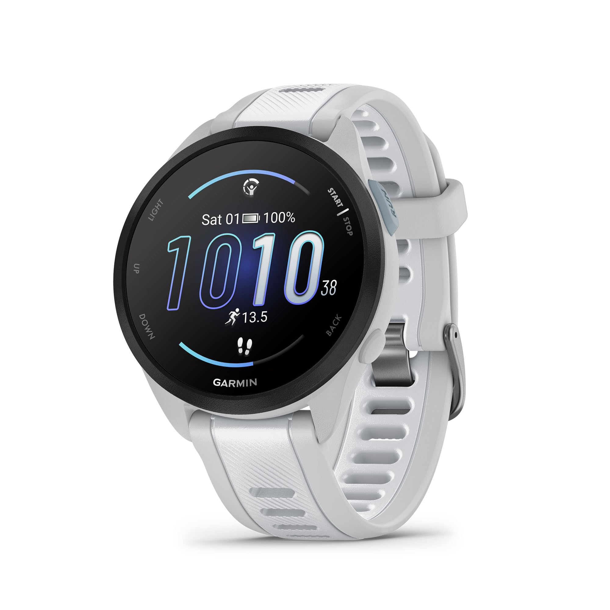 ساعت ورزشی GARMIN Forerunner 165 مدل Mist Grey Whitestone | مچ‌بند هوشمند GPS برای دویدن با نمایشگر Amoled و صفحه لمسی | عمر باتری ۱۱ روز در حالت ساعت هوشمند رنگ خاکستری
