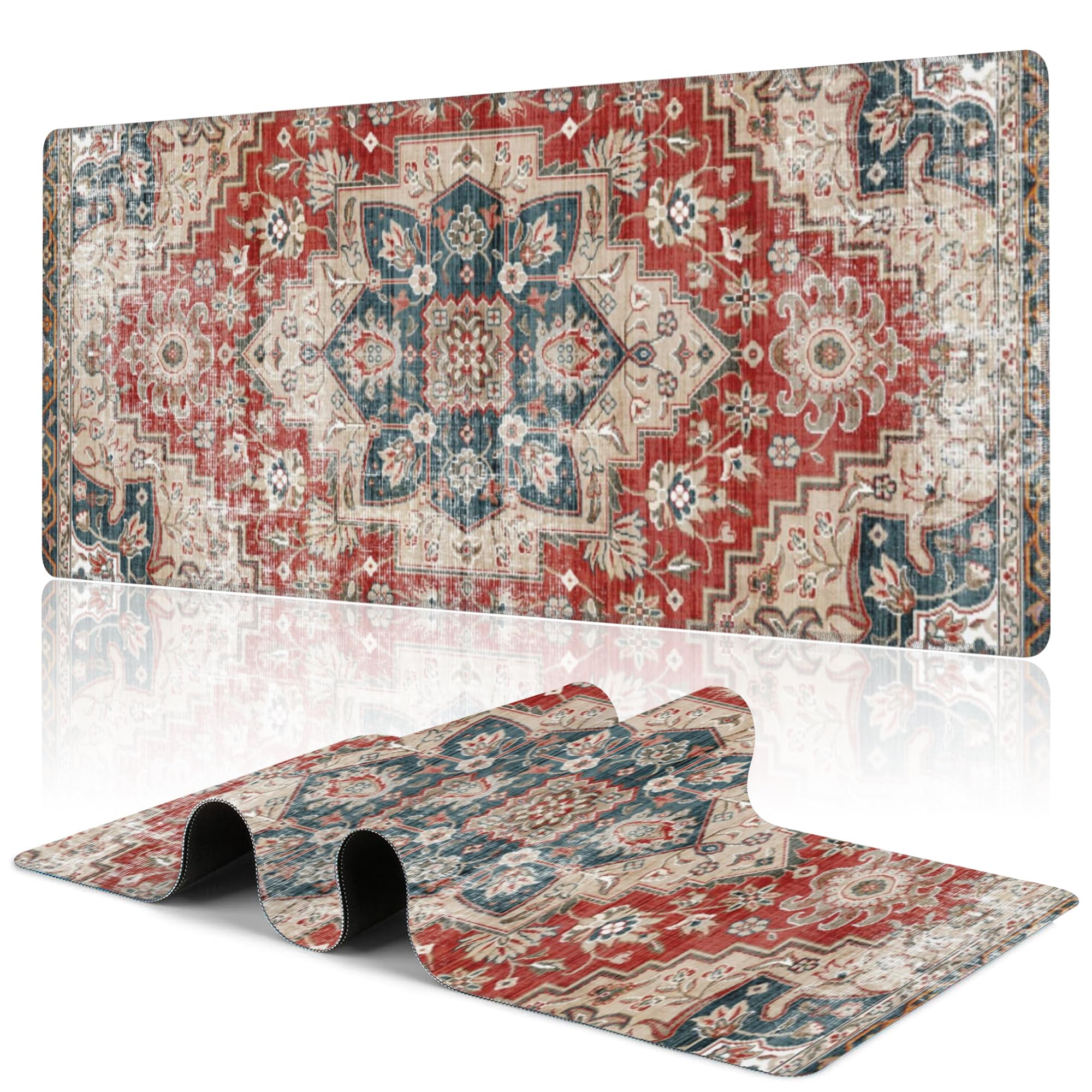 قالب میز Uiaoiais، تپه‌نمای بافت فرش متنی سبک فارسی، قابلیت گیمینگ Mouse Pad، 31.5 "X15.7" گیمینگ موس پد گسترده با لبه‌های دوزی شده پایه ضد لغزش بزرگ Mouse Pad برای کیبورد اداری لپ تاپ فرش سبک بوهو