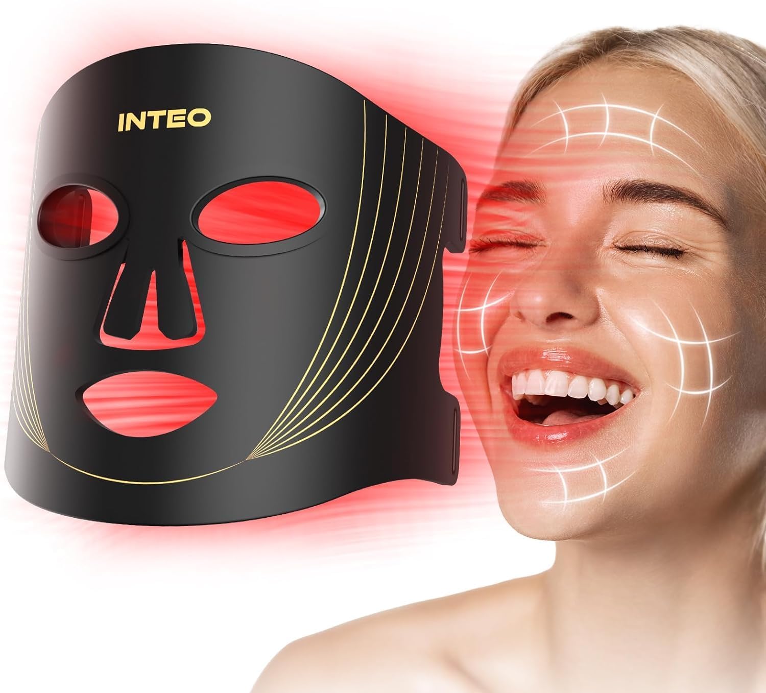چراغ قرمز تراپی اینتیو برای صورت، ماسک نوردهی LED قابل حمل با 3 حالت و کنترل از راه دور، ماسک تراپی نور قرمز 850 نزدیک‌مادون قرمز با قابلیت زمان‌بندی، تراپی نور قرمز در منزل با 180 ال ای دی مشکی طلایی