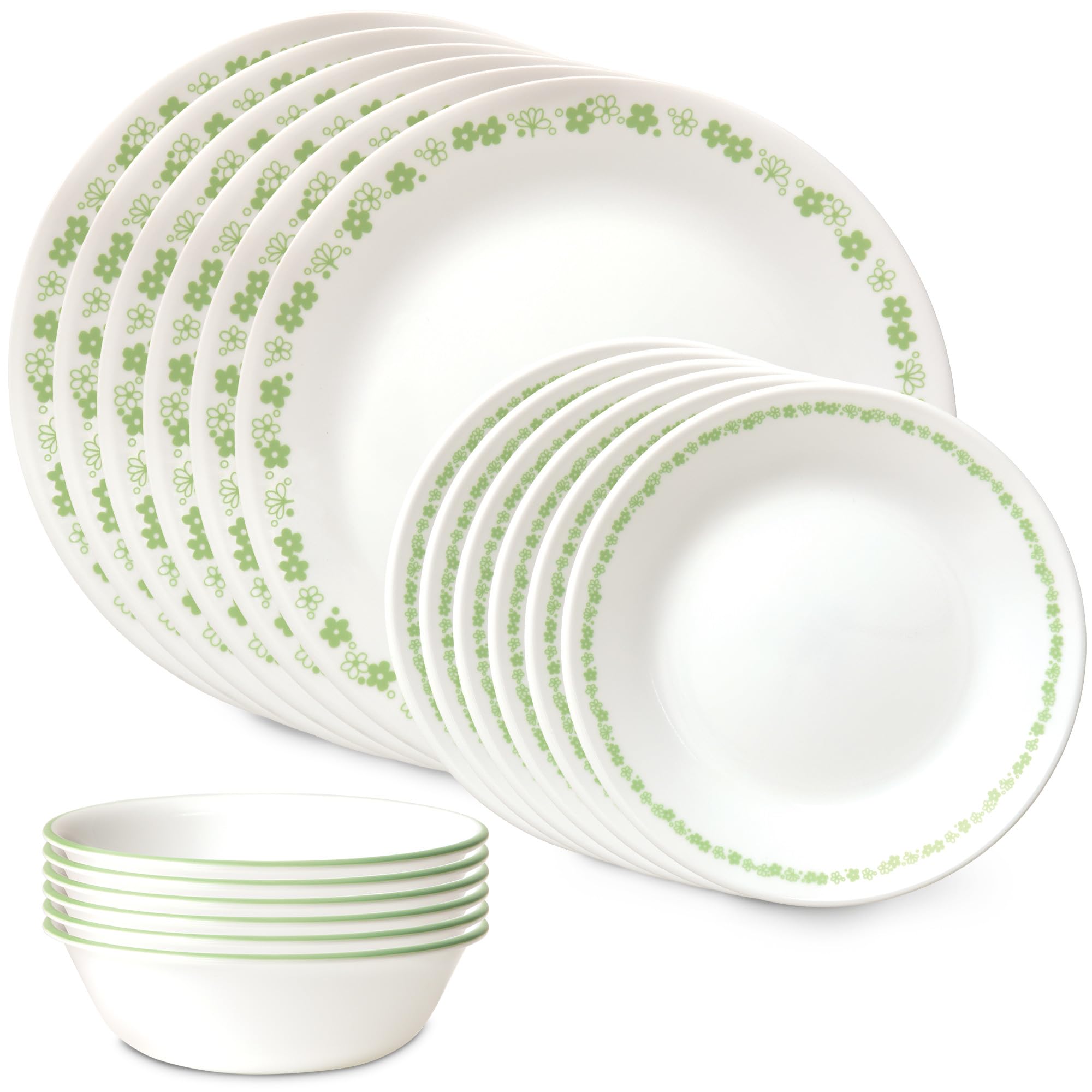 Corelle Vitrelle 18 قطعه سرویس ظروف شیشه ای غذا خوری ، سرویس برای 6 نفر ، سه لایه شیشه مقاوم در برابر چیپ و ترک ، مجموعه پلیت و کاسه شیشه ای ، Spring Blossom Green 18-PC مجموعه سرویس غذا Spring Blossom Green