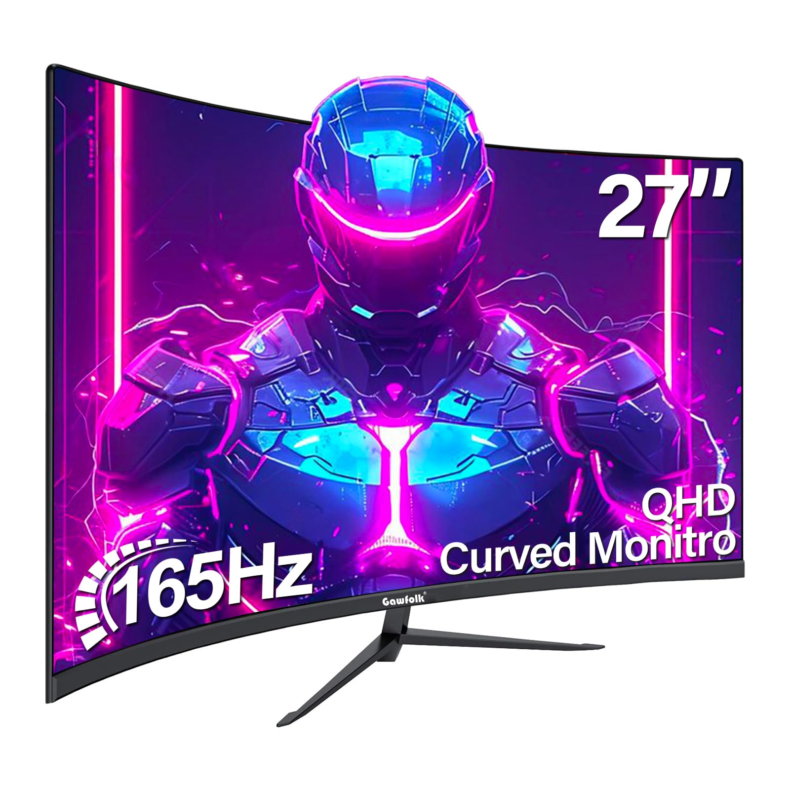 مانیتور بازی منحنی Gawfolk، 27 اینچ 165Hz / 144Hz 2K QHD 1440P با پشتیبانی از AMD FreeSync، HDMI، DP، قاب بدون حاشیه باریک و صفحه منحنی 1800R مانیتور کامپیوتر 27 اینچ QHD-165Hz