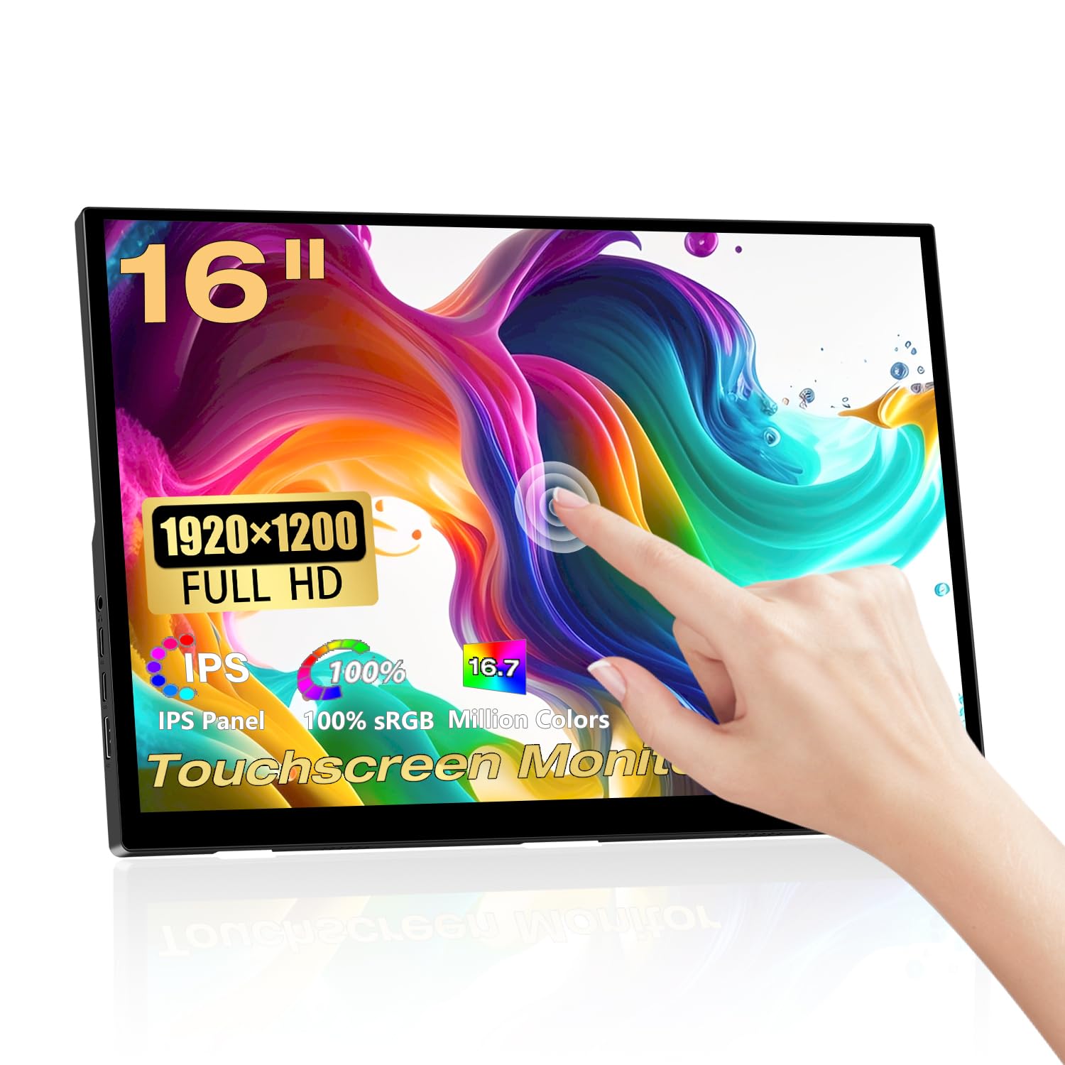 مانیتور قابل حمل لمسی، 16 اینچ 1920X1200P صفحه نمایش لمسی مانیتور لپ تاپ IPS با پورت HDMI USBC، 300cd/m²، مانیتور خارجی برای لپ تاپ، کامپیوتر، گوشی‌های موبایل، Xbox