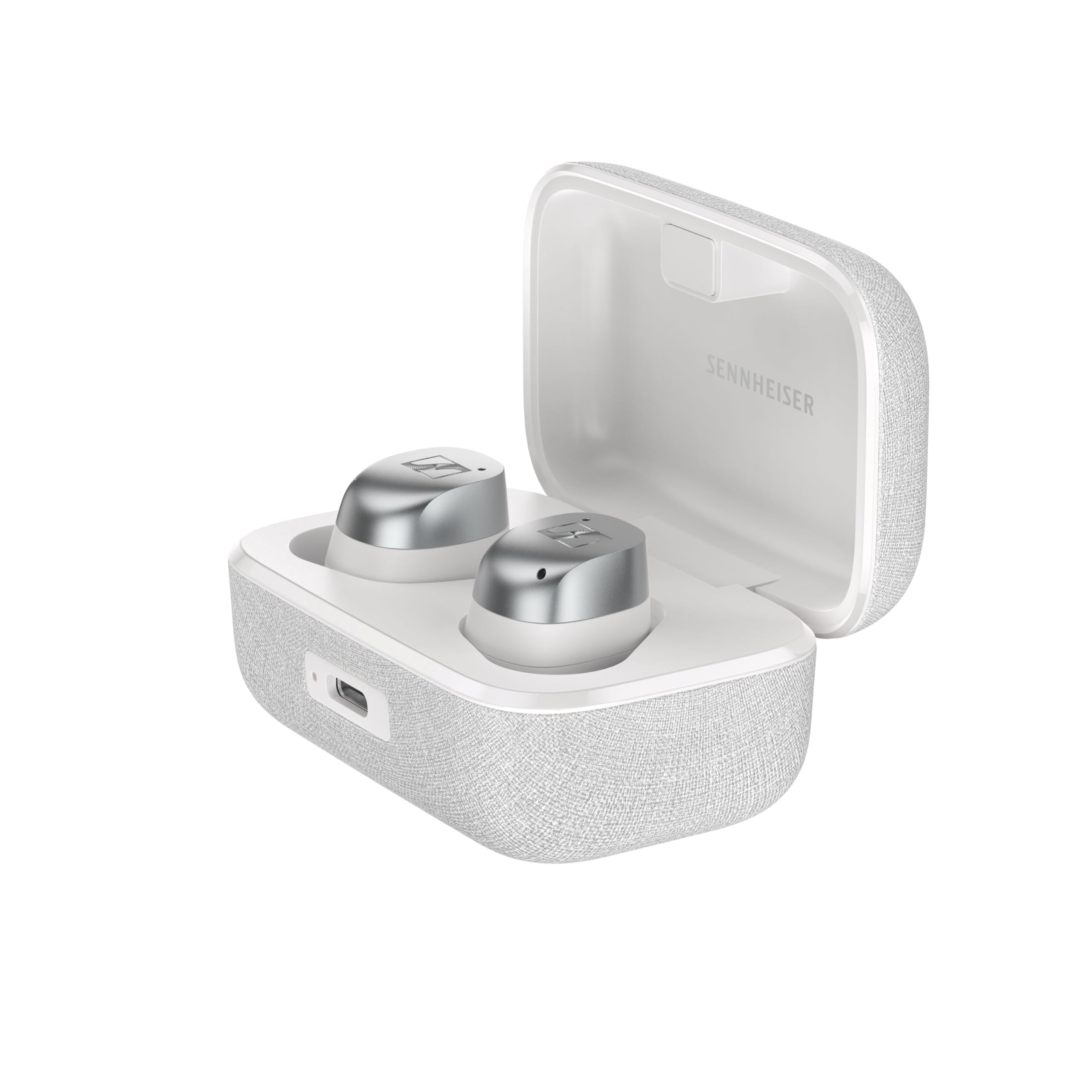 هدفون هوشمند Sennheiser Momentum True Wireless 4 با بلوتوث 5.4، صدای بسیار واضح، طراحی ارگونومیک، عمر باتری ۳۰ ساعته و ANC تطبیقی - سفید نقره ای / سفید / نقره ای