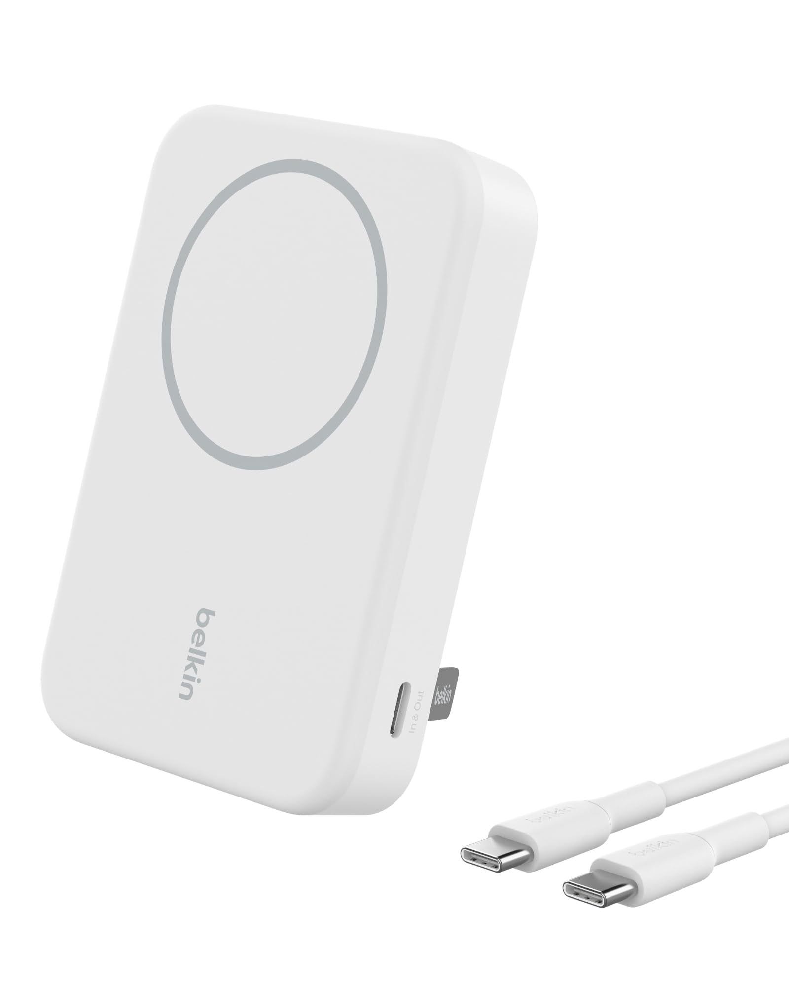 شارژر همراه بی سیم Belkin Fast Charge Pro با ظرفیت ۱۰,۰۰۰ میلی آمپر ساعت و سازگار با Qi2، MagSafe - شارژر قابل حمل + دارای پایه قابل جمع شدن - برای آیفون ۱۶، ۱۶ پلاس، ۱۶ پرو، ۱۶ پرو مکس، آیفون ۱۵، و دیگر دستگاه‌ها - رنگ سفید