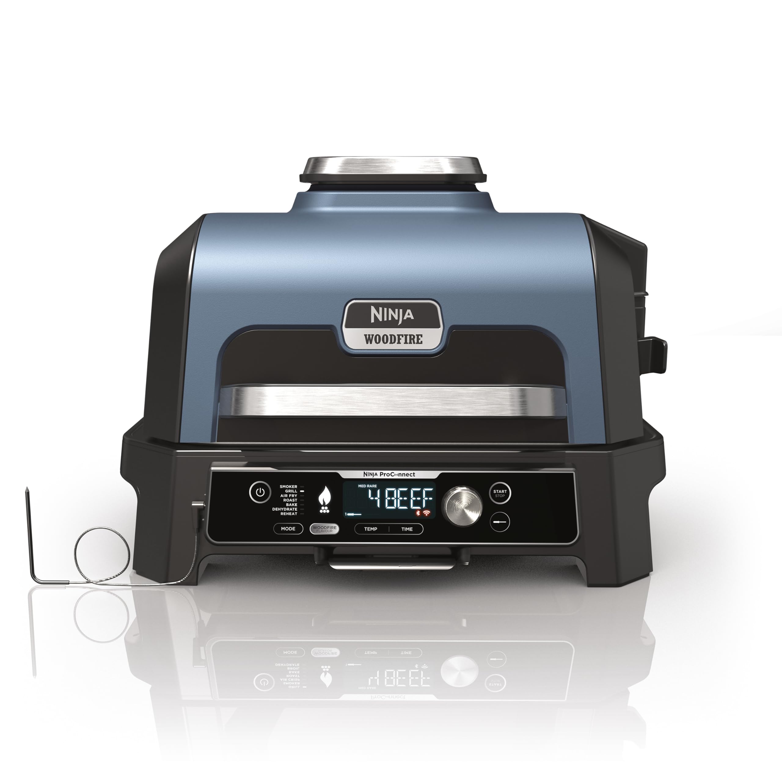 مشوی الکتریکی و اسموکر Ninja Woodfire Pro Connect XL با کنترل از طریق اپلیکیشن، پروب دیجیتال، مشوی بزرگ 7 در 1 و فرایر هوا با پلت‌های آبی / سیاه مشوی XL + پروب تکی