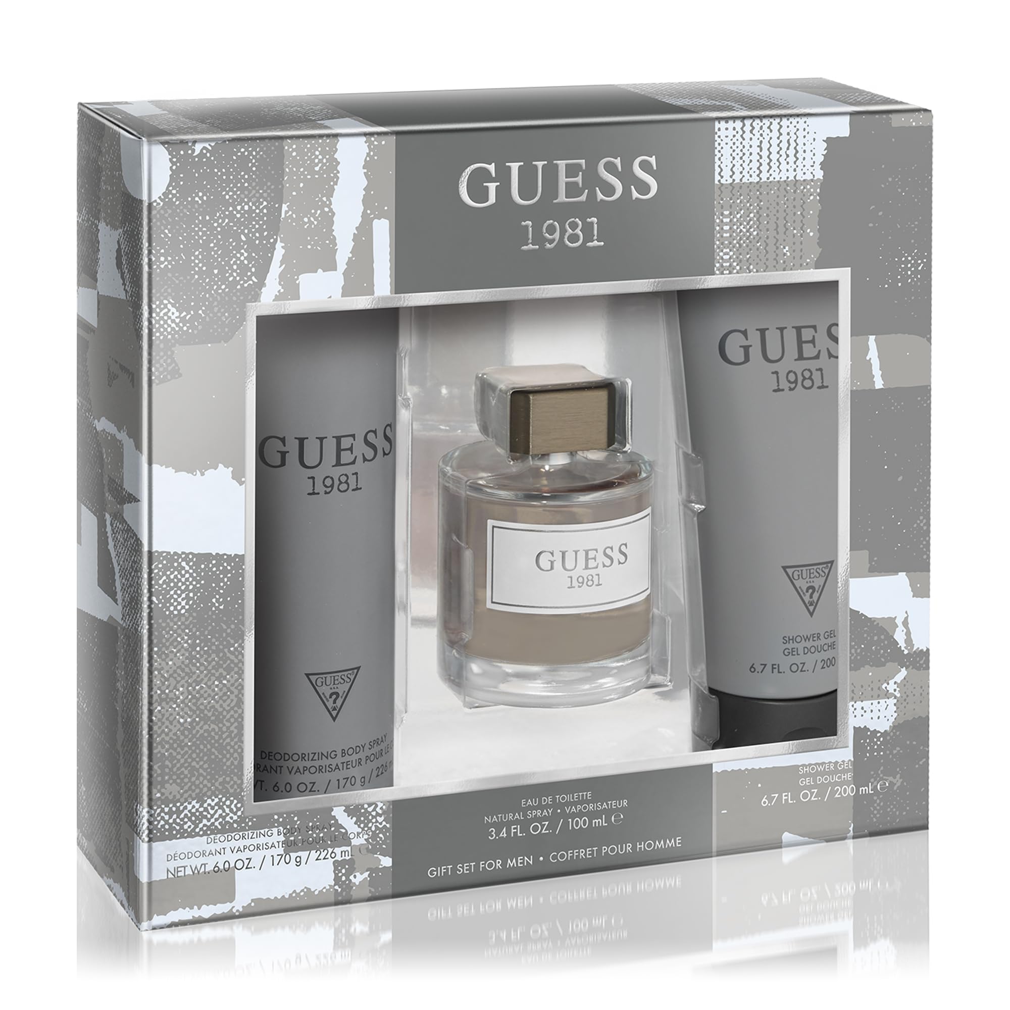 Guess 1981 برای مردانه مجموعه Edt 100 میلی لیتر + Sg 200 میلی لیتر + اسپری بدن 226 میلی لیتر (2023) شفاف / ترکیب