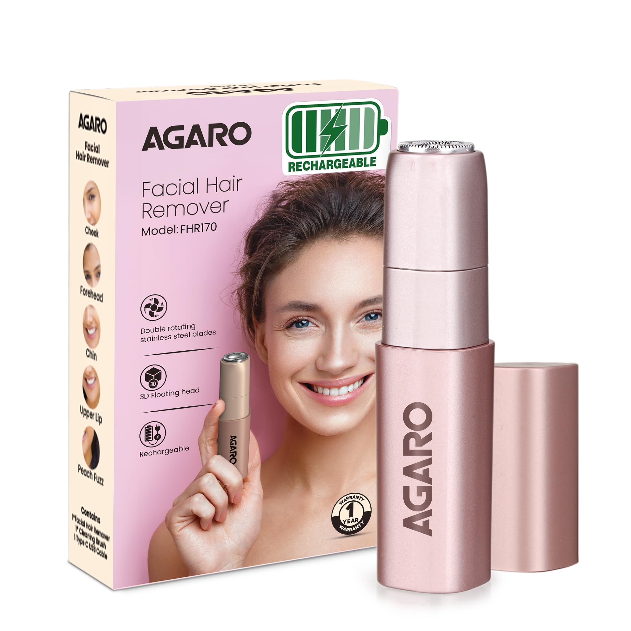 AGARO Facial Hair Remover FHR170 برای زنان، قابل شارژ، بی سیم، ایمن و بی درد، تیغه ضد حساسیت، استفاده چند منظوره برای لب بالایی، چانه، گونه ها و پیشانی، ایده آل برای حرکت