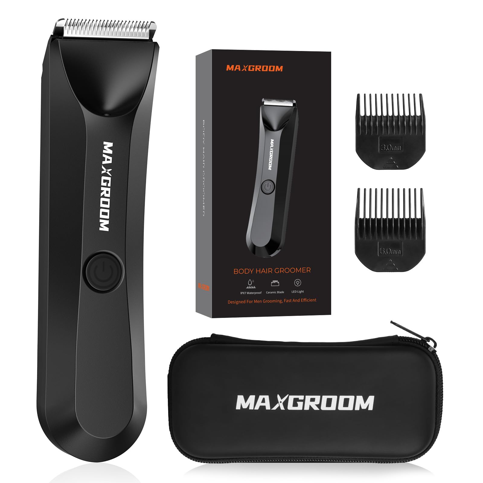 تراش بدن برقی MAXGROOM برای مردان/زنان، ضدآب، تراش موی بدن الکتریکی و تراش موی عمومی، سر تیغه‌های سرامیکی قابل تعویض تراشگر توپ/ترازو سیاه
