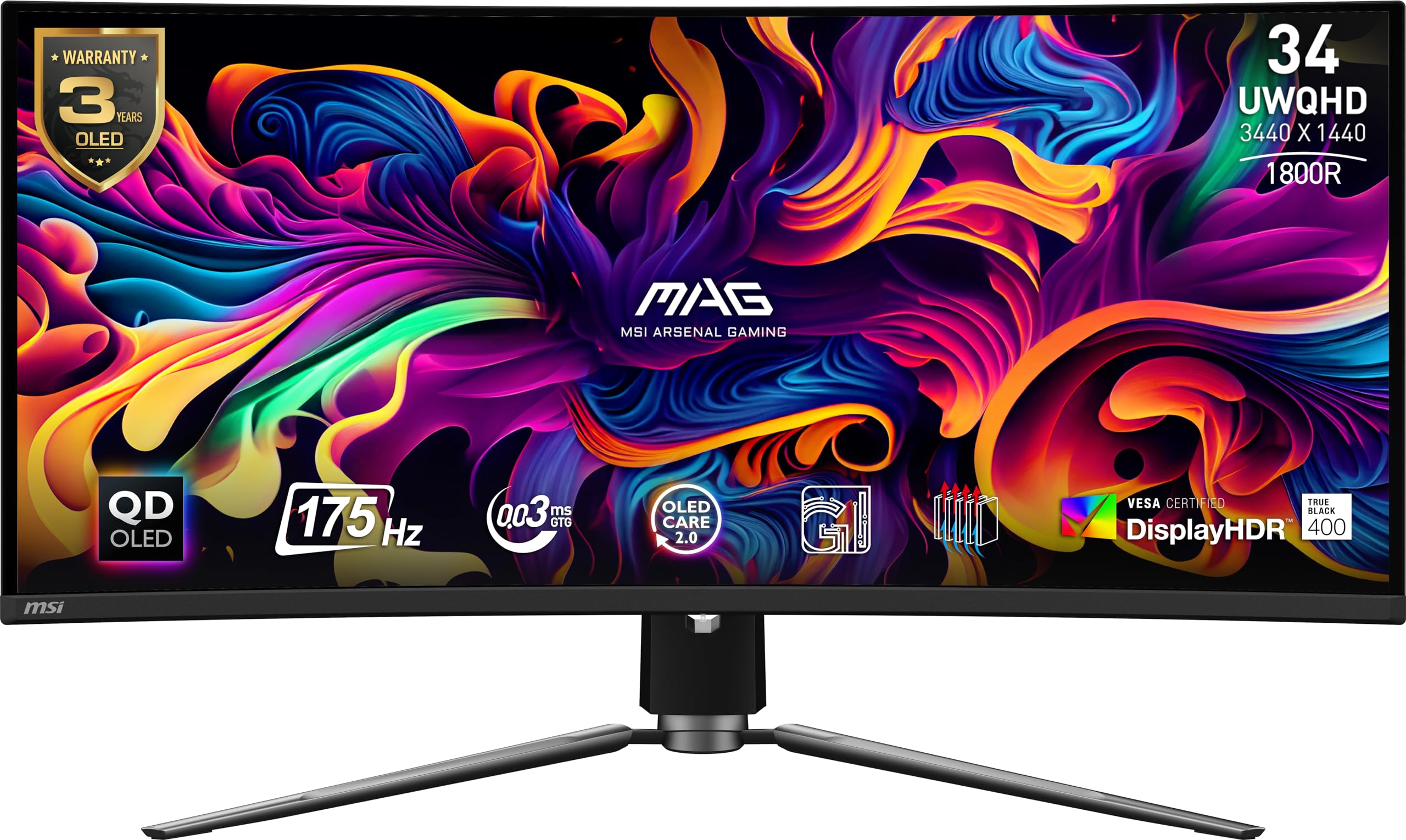 MSI تصویری MAG341CQP QD-OLED 34" نمایشگر بازی منحنی، 3440 x 1440 (UWQHD)، زمان پاسخگویی 0.03 میلی‌ثانیه، 175Hz، HDR 400 سیاه و سفید واقعی، پورت HDMI، پورت DP، USB نوع-C، تیلت، قابلیت تنظیم ارتفاع