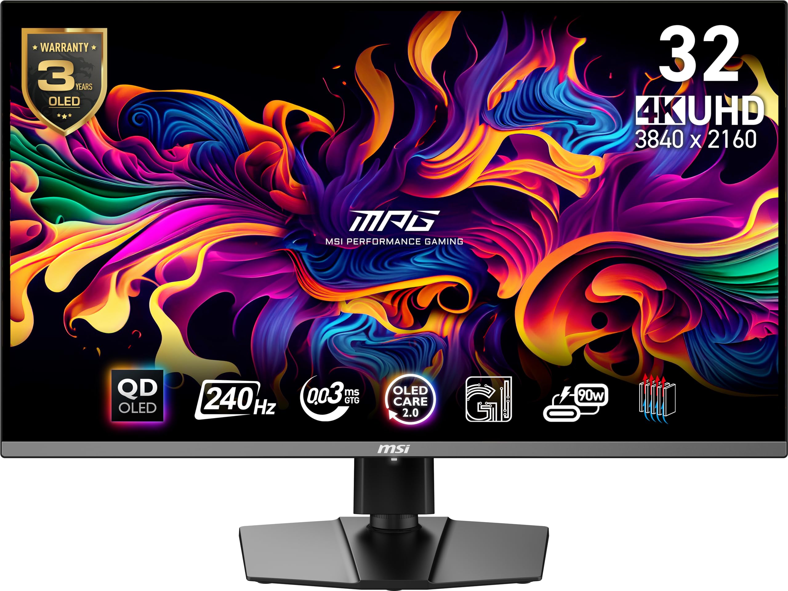 صفحه نمایش بازی MSI MPG 321URX QD-OLED، 32" 4K UHD Quantum Dot OLED، با وضوح 3840 × 2160، زمان پاسخگویی 0.03 میلی‌ثانیه، فرکانس تازه‌سازی 240Hz، HDR 400 حقیقی مشکی، پورت USB Type C 90W، HDMI، پورت DP