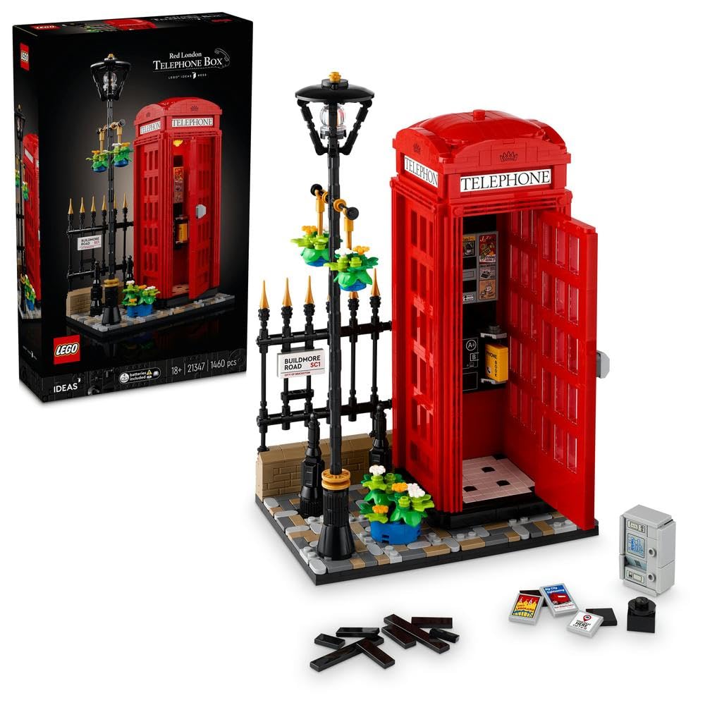 مجموعه LEGO Ideas Red London Telephone Box، مجموعه مدل برای بزرگ‌سالان برای ساخت، فعالیت خلاقانه با استند گوشی همراه، تزیین میز اداری خانه، ایده هدیه ماه رمضان برای مردان، زنان، او یا او 21347