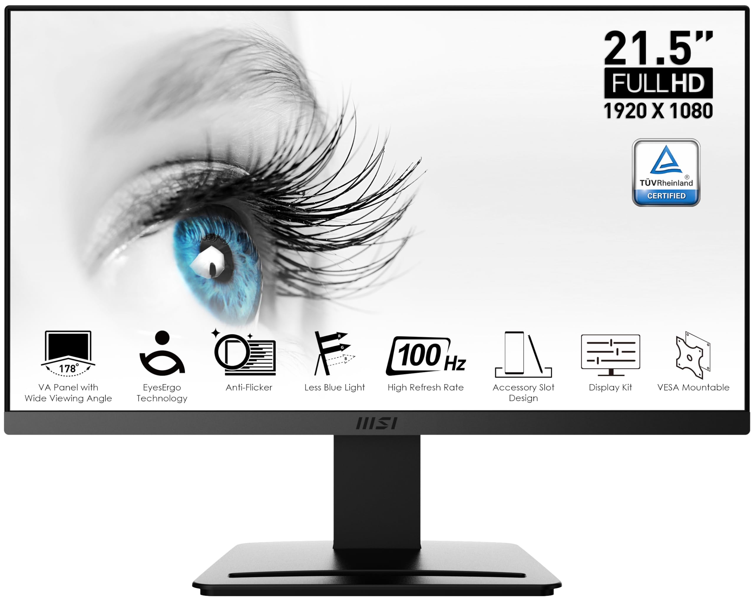 MSI PRO MP223، نمایشگر کامپیوتر 22 اینچ VA 1920 x 1080 (FHD)، 100Hz، Adaptive-Synch، HDMI، پورت ویدئو، قابل نصب بر روی VESA، نور کمتر آبی، شیب، 1ms، مشکی
