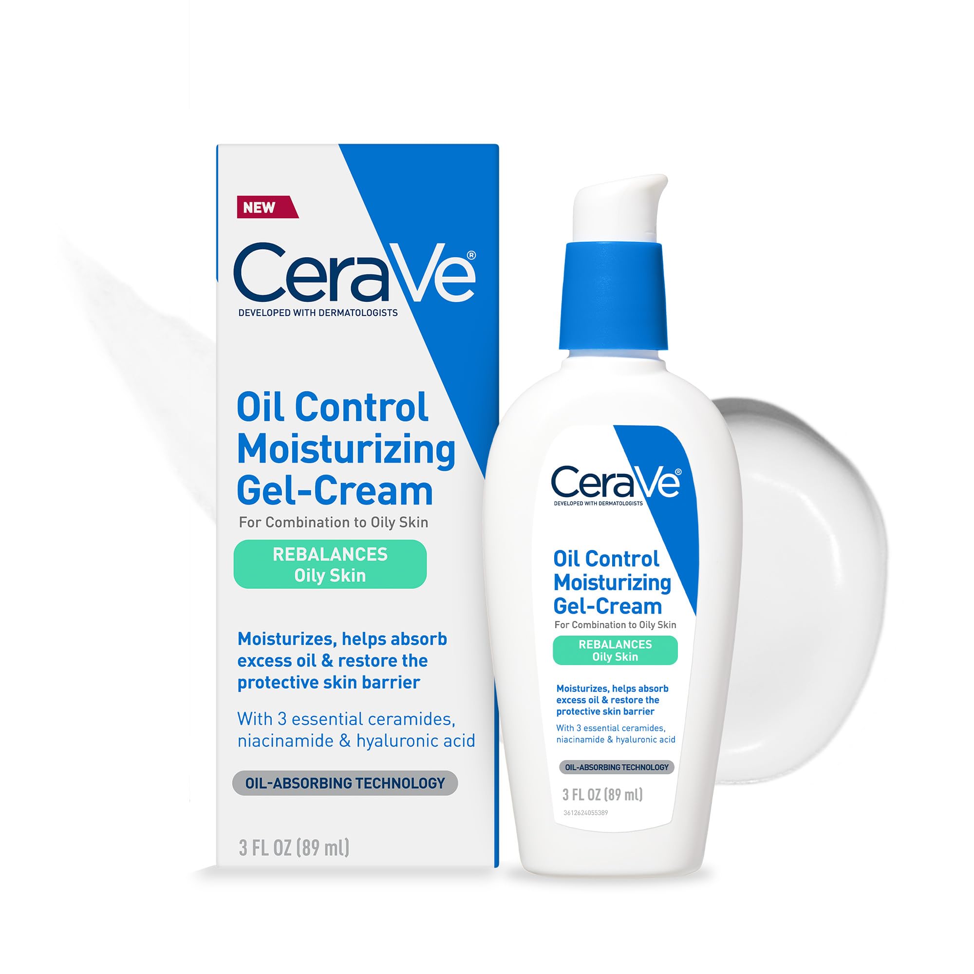 ژل کرم مرطوب‌کننده کنترل روغن CeraVe، مرطوب‌کننده صورت برای پوست چرب، نیاسینامید، اسید هیالورونیک و فناوری جذب روغن برای موازنه پوست چرب، عدم آلودگی به منافذ، بدون عطر و بدون روغن