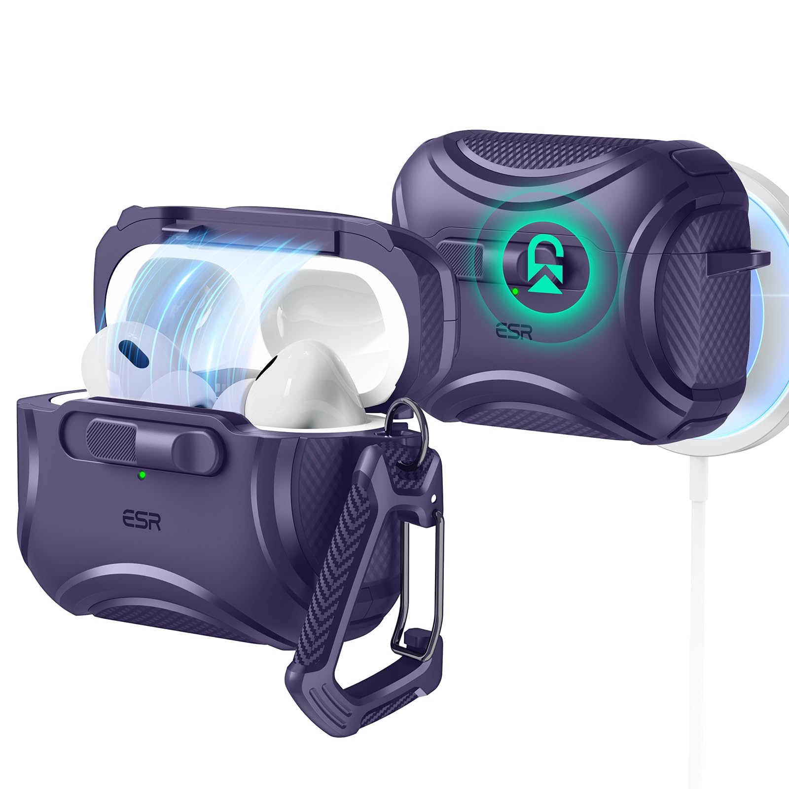 محافظ ESR برای AirPods Pro 2 (2023/2022/2019، نسل دوم/اول)، سازگار با AirPods Pro نسل دوم (کابل USB-C/Lightning)، MagSafe بی زحمت، قفل ضد سقوط، باز کردن آسان، سری Cyber، محافظ AirPods Pro 2/1 بنفش