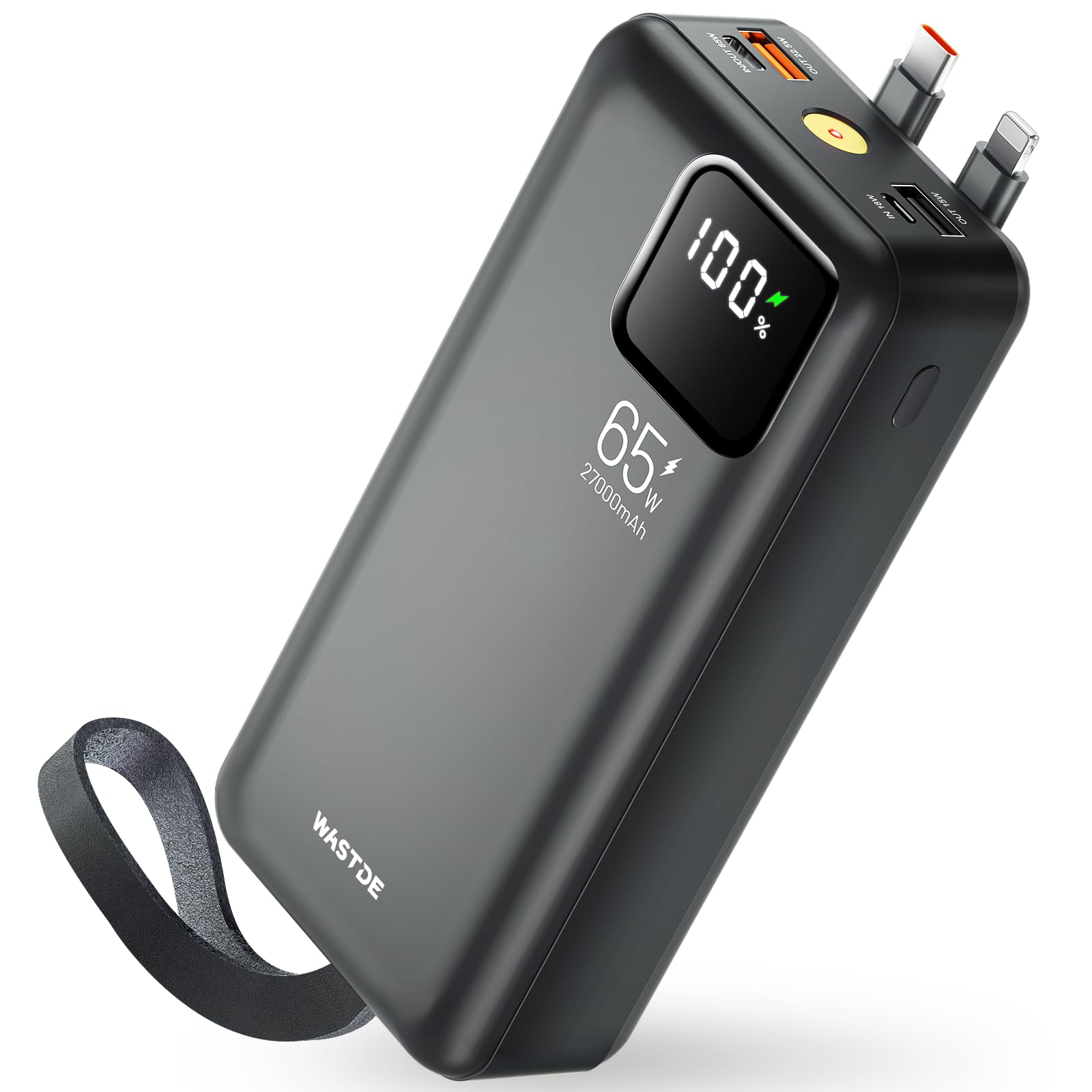 تبدیل کننده برق قدرتمند WASTDE 27000mAh با شارژر سریع USB C 65 وات ، شارژر قابل حمل با 5 خروجی و 2 ورودی داخلی با 2 کابل و نمایشگر LED برای آیفون 16/15/14 ، مک‌بوک ، گلکسی و غیره 27000mAh مشکی