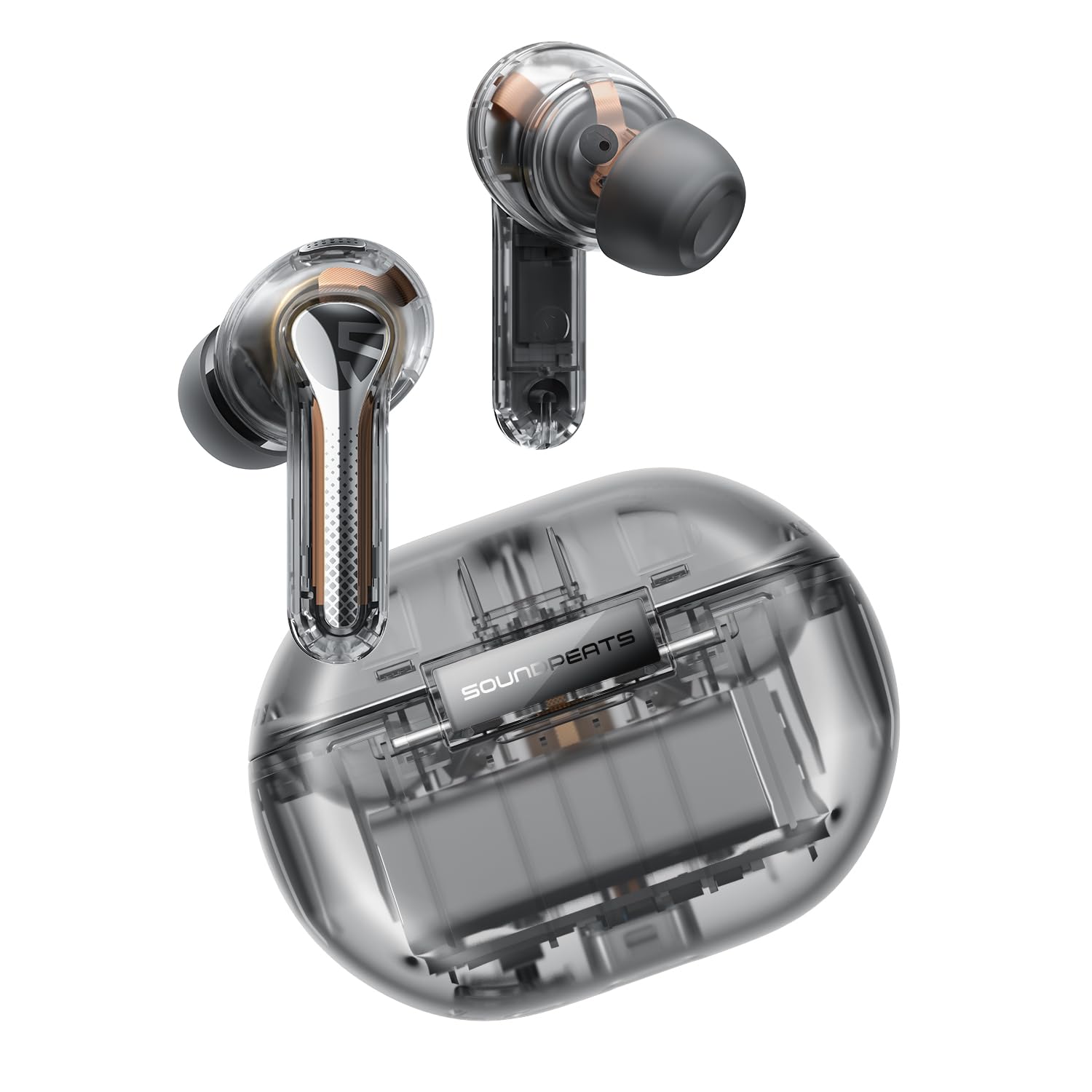هدفون بلوتوثی SoundPEATS Capsule3 Pro با طراحی گوشواره‌ای بی‌سیم، صدای با کیفیت Hi-Res با فناوری LDAC، لغو نویز فعال ترکیبی، ۶ میکروفن، حالت شفافیت، حالت بازی، ۵۲ ساعت پخش با کیفیت با قاب شفاف سیاه