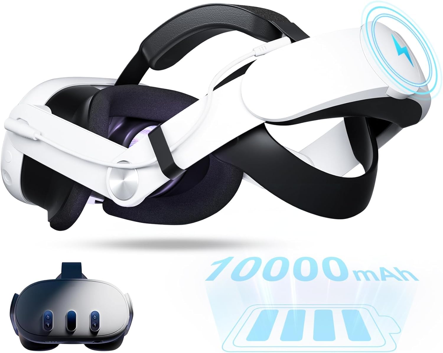 هدست باطری واقعیت مجازی برای Oculus/Meta Quest 3/3S با دسته سر با ۱۰۰۰۰mAh باطری، دسته الیت شارژشو که باعث افزایش ۸ ساعت بازی می‌شود و قابل تنظیم است (Meta Quest 3/3S)