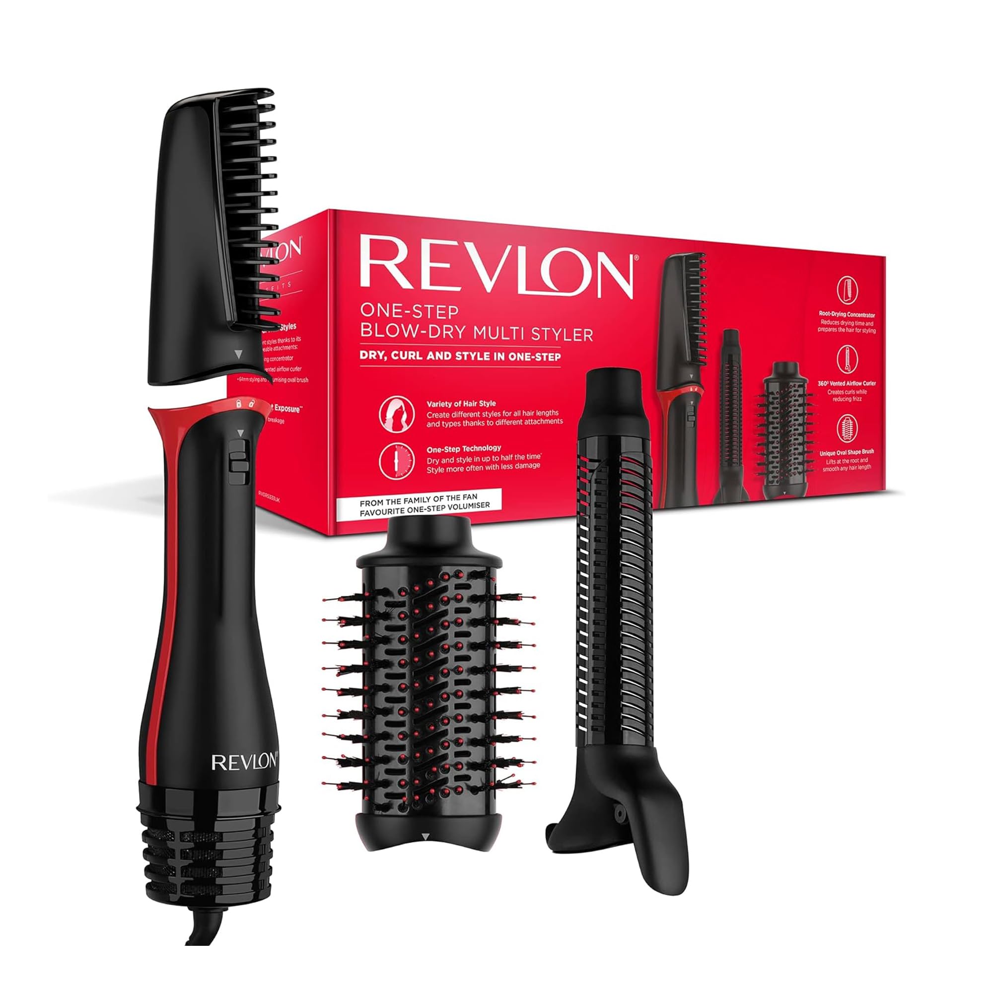 Revlon One Step Blow-Dry Multi Styler - دستگاه چند کاره خشک کننده مدل RVDR5333 سه در یک، فر و حجم دهنده با 3 پیوسته - سریع جدا شونده، فر، خشک کننده، استایلر، 4 تنظیم - فر باد 360 درجه - رنگ مشکی
