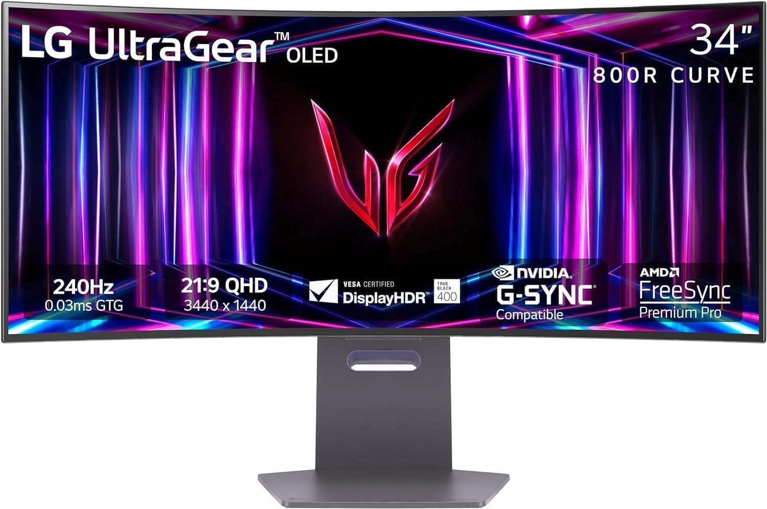 مانیتور بازی منحنی LG 34GS95QE با نمایشگر OLED 34 اینچی وضوح تصویر WQHD 800R، فرکانس تازه‌سازی 240Hz و زمان پاسخ‌دهی 0.03ms، پشتیبانی از DisplayHDR True Black 400، فناوری AMD FreeSync Premium Pro و NVIDIA G-Sync، پورت‌های HDMI 2.1 و DisplayPort، قابلیت تنظیم ارتفاع و زاویه و چرخش، رنگ مشکی