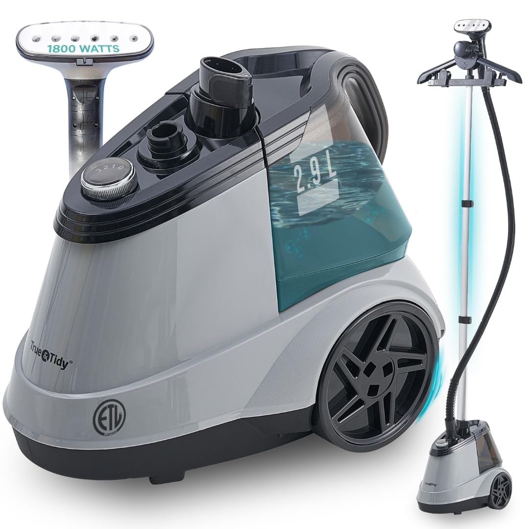 واقعی و تمیز - اتوبخار ایستاده Tidy®، سنگین با بیش از ۹۰ دقیقه زمان بخارزدایی، برای استفاده در منزل و تجاری، ۱۸۰۰ وات بخار قدرتمند، چرخ ها برای حرکت آسان، ۳ تنظیمات اتوبخار تجاری رنگ خاکستری
