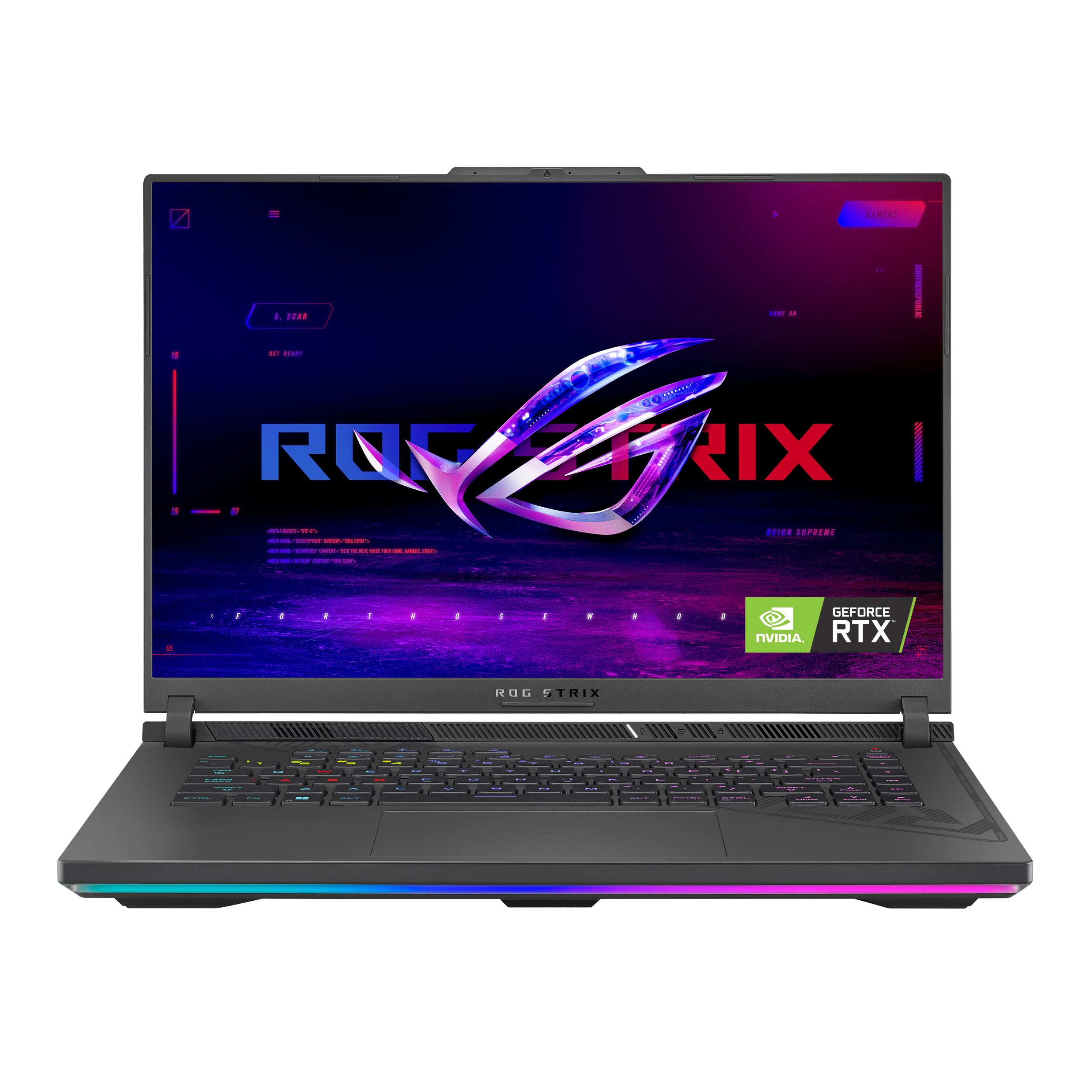 لپ تاپ بازی ASUS ROG Strix G16 G614JU-N3111W رنگ خاکستری اکلیپس، با پردازنده i7-13650HX، 16 گیگابایت رم 1 ترابایت حافظه داخلی NVMe SSD، کارت گرافیک NV RTX 4050 با 6 گیگابایت حافظه، ویندوز ۱۱ Home، صفحه نمایش ۱۶ اینچی با فرکانس تازه ۱۶۵Hz، وب‌کم HD، صفحه کلید RGB نورانی که شامل حروف انگلیسی و عربی می‌باشد.