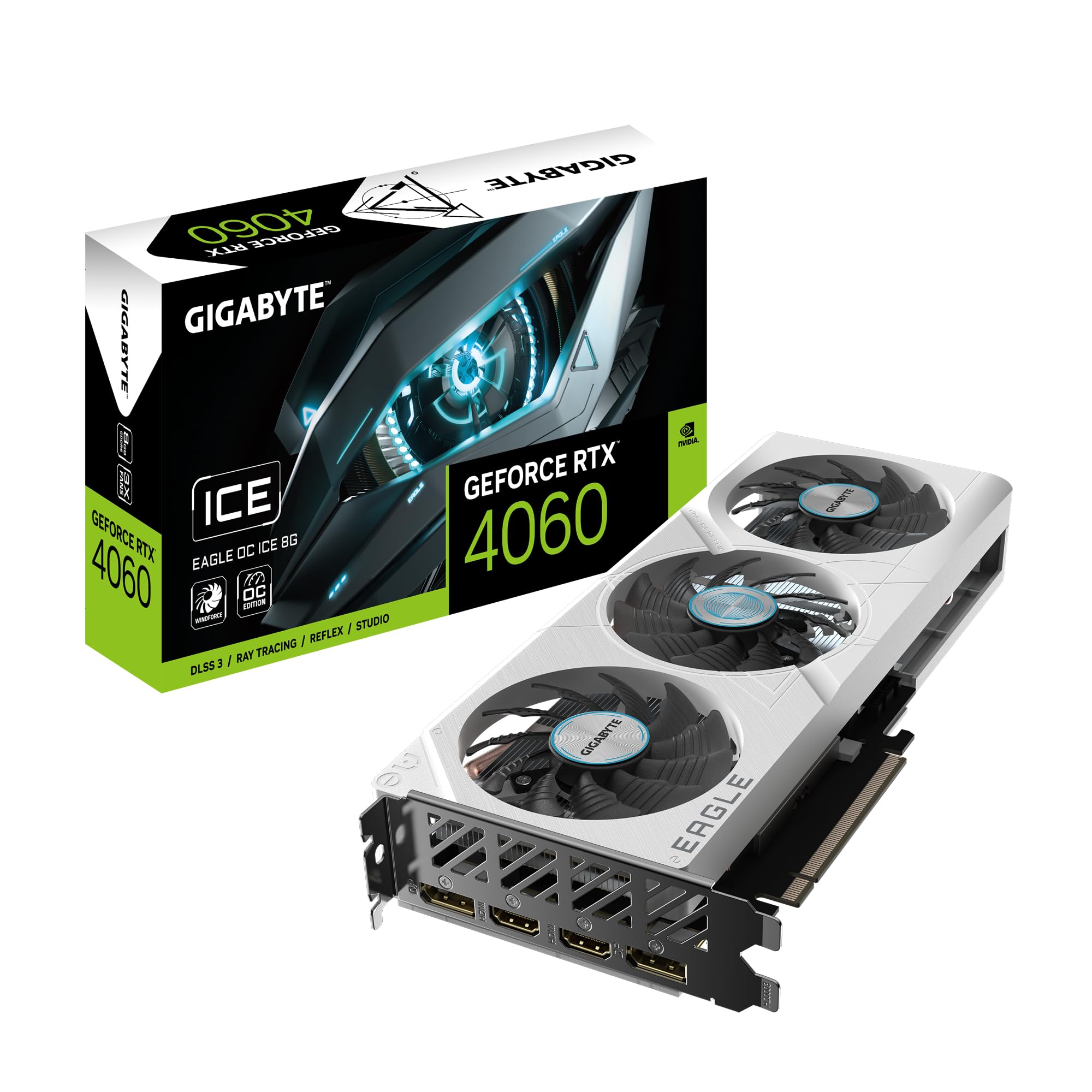 کارت گرافیک Gigabyte GeForce RTX 4060 EAGLE OC ICE 8G - 8GB GDDR6، 128 بیت، PCI-E 4.0، سرعت هسته 2505MHz، 2 عدد DisplayPort 1.4a، 2 عدد HDMI 2.1a، NVIDIA DLSS 3، GV-N4060EAGLEOC ICE-8GD