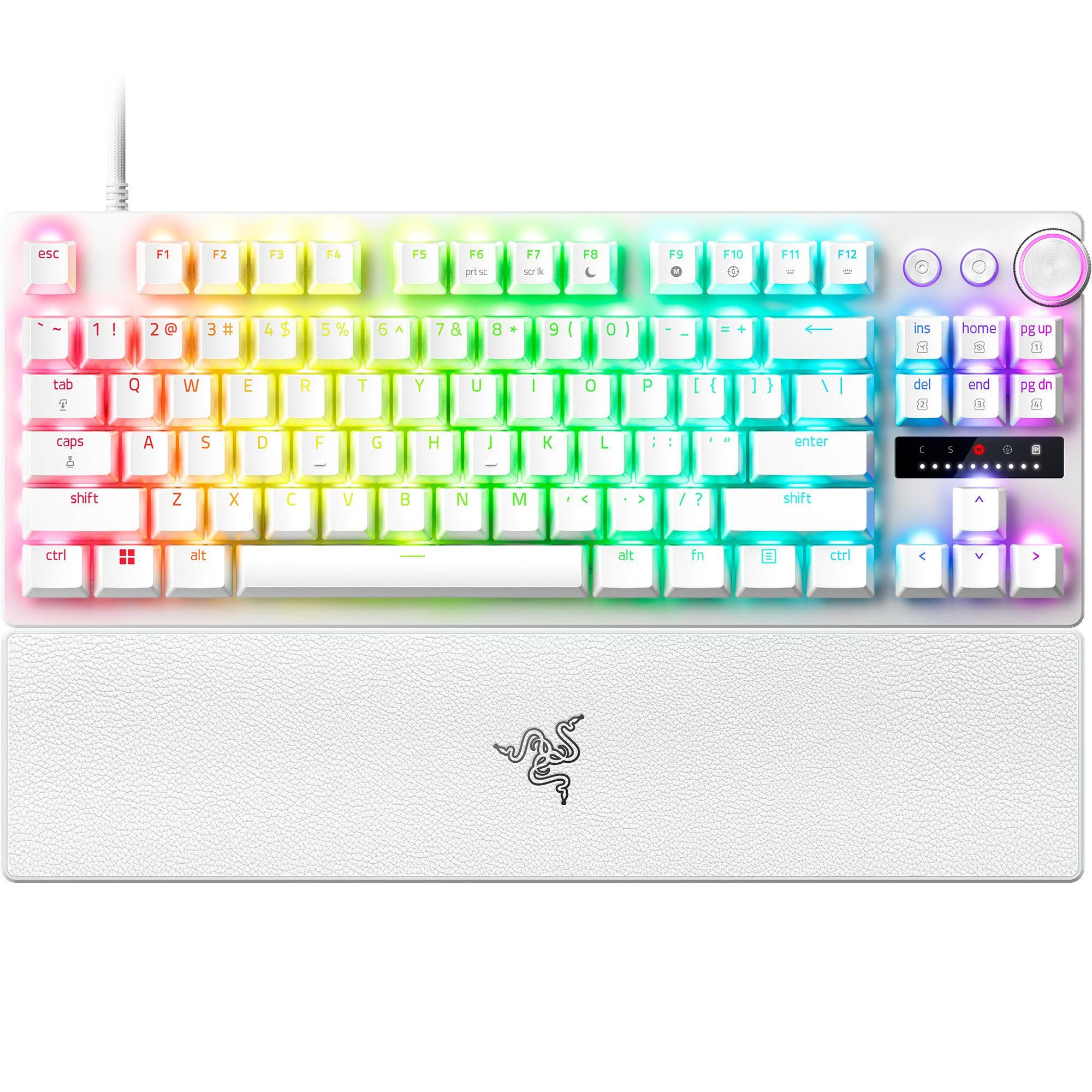 صفحه کلید ورزشی بی‌سیم Razer Huntsman V3 Pro Tenkeyless Wired با استفاده از تکنولوژی آنالوگ اپتیکال: حالت Snap Tap، تریگر سریع، قابلیت تنظیم فعال‌سازی، نورپردازی Chroma RGB، حافظه داخلی، پورت Type C، حالت بازی، طرح US - رنگ سفید Huntsman V3 Pro - TKL Analog Switch Mercury White - RGB